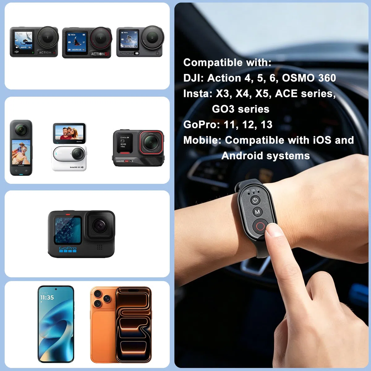 Bluetooth Fernbedienung kompatibel mit DJI Action, Insta360, GoPro 11/12/13 Actionkameras und Phone Universal, Wiederaufladbare Kabellose Fernbedienung, 50m Reichweite, 40H Akkuleistung