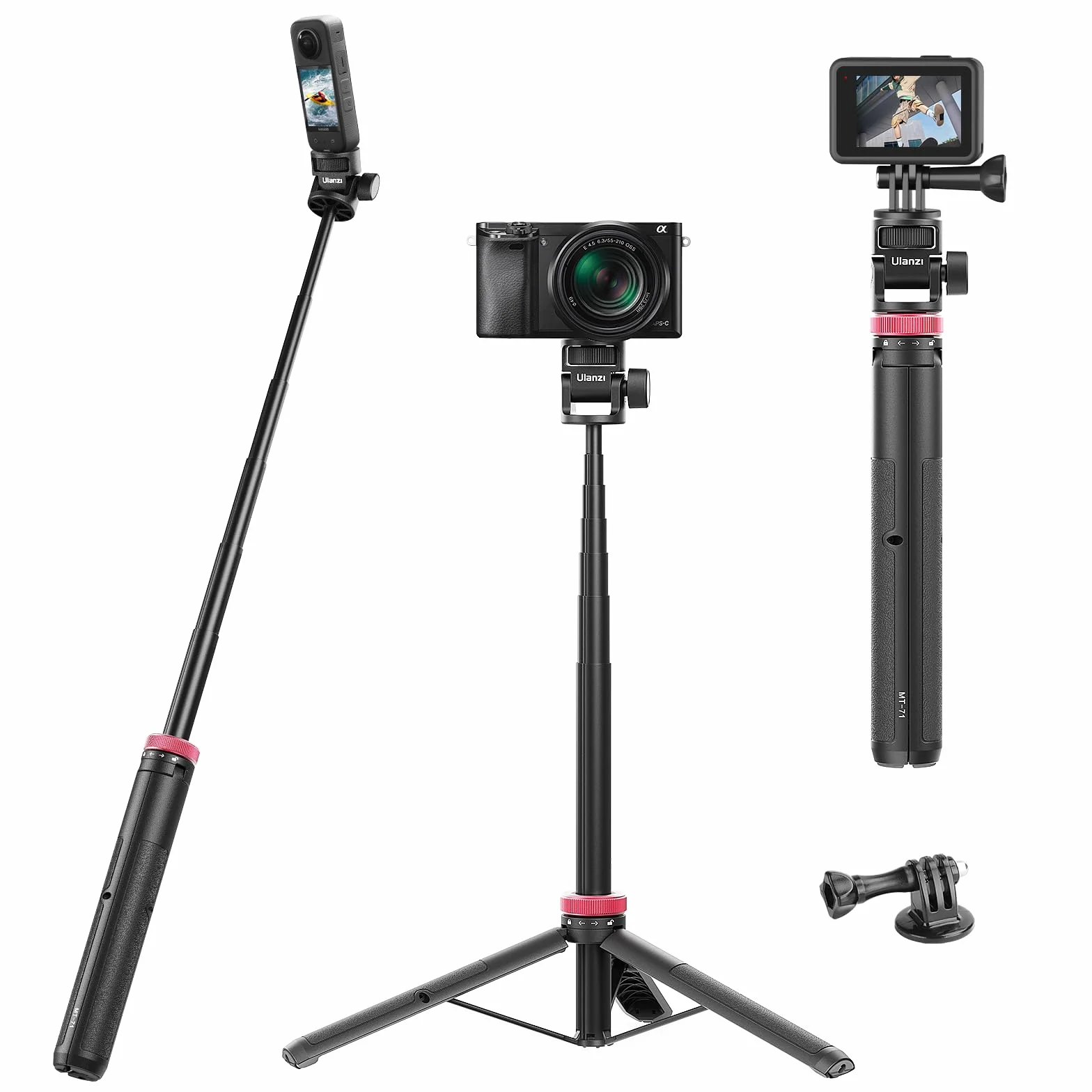 146cm Selfie Stick Stativ Kamera Action Kamera, ULANZI MT-71 Ausziehbar Selfie Stick Stativ Kompatible mit One XR/RS/GO 2 DJI Action