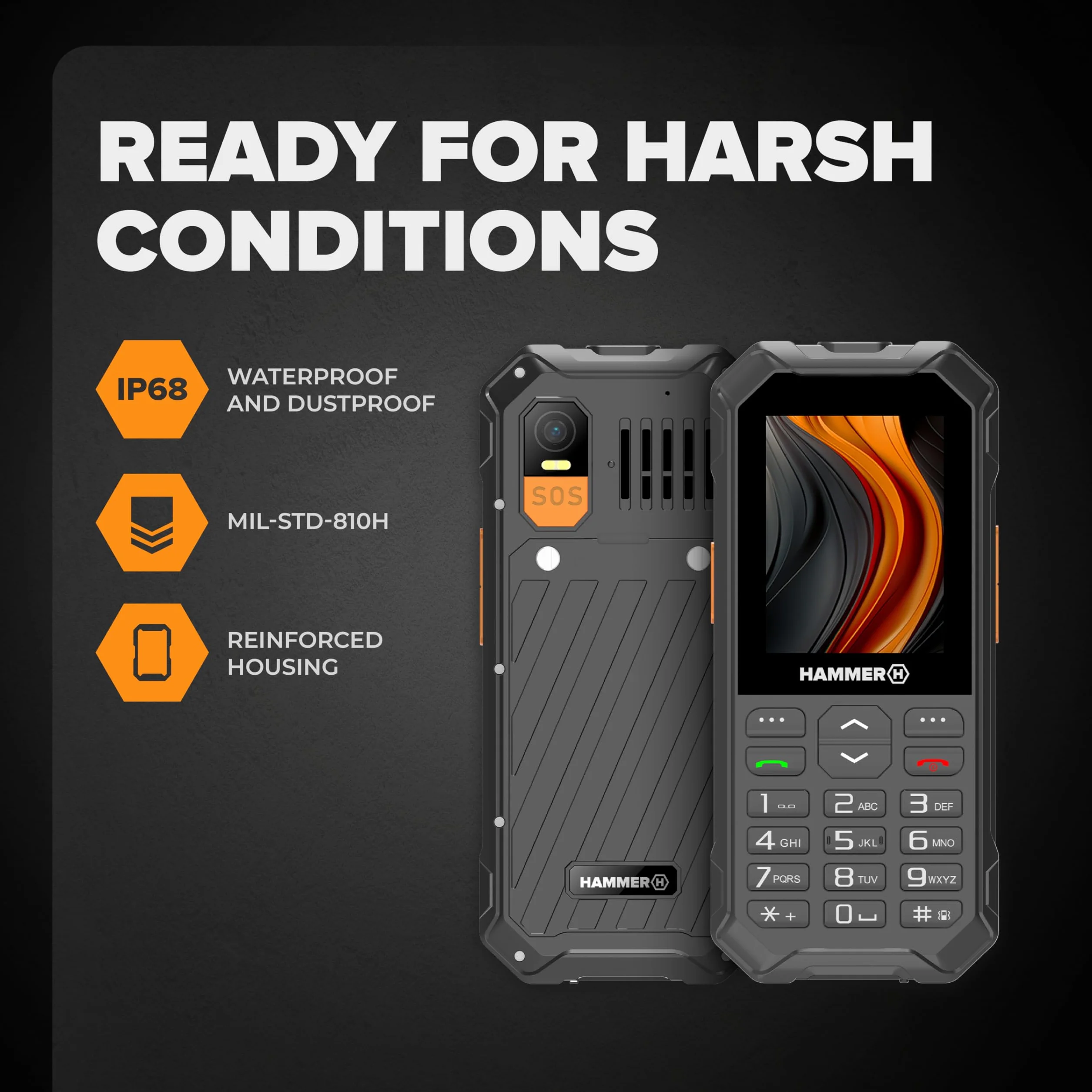 Tastentelefon Hammer 6 LTE, großer Akku 2500mah bis zu 7 Tage Standby, Taschenlampe und SOS-Taste, Volte-Technologie, beleuchtete Tasten, IP68 1,5 Meter Droptest, 2,4 Zoll Bildschirm, ohne Vertrag