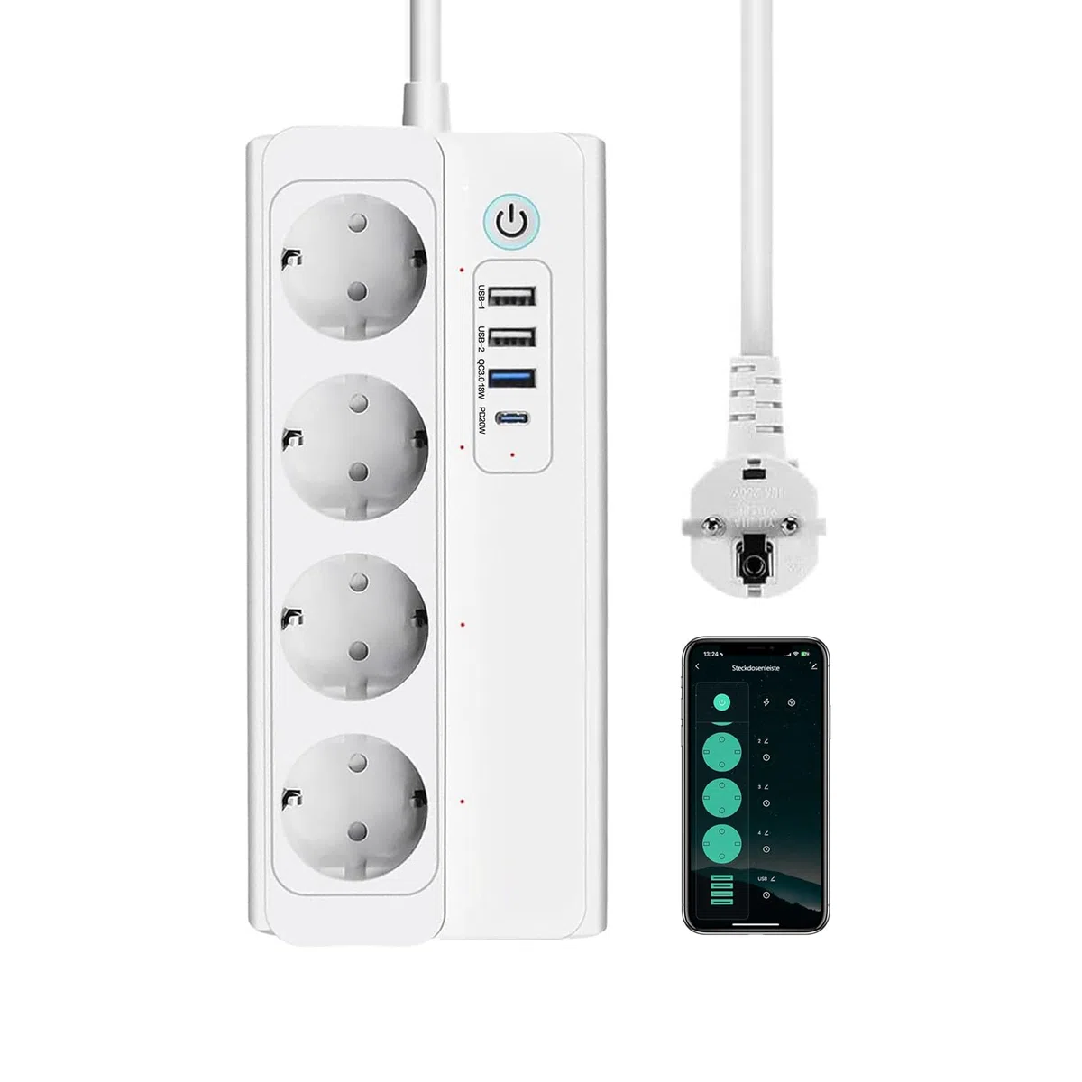 ZigBee Mehrfachsteckdose, Überspannungsschutz, 1,5 m Verlängerungskabel, Vier USB-Anschlüsse (DREI USB-A und EIN USB-C), kompatibel mit Home Assistant, 2MQTT, ZHA, Alexa und Google