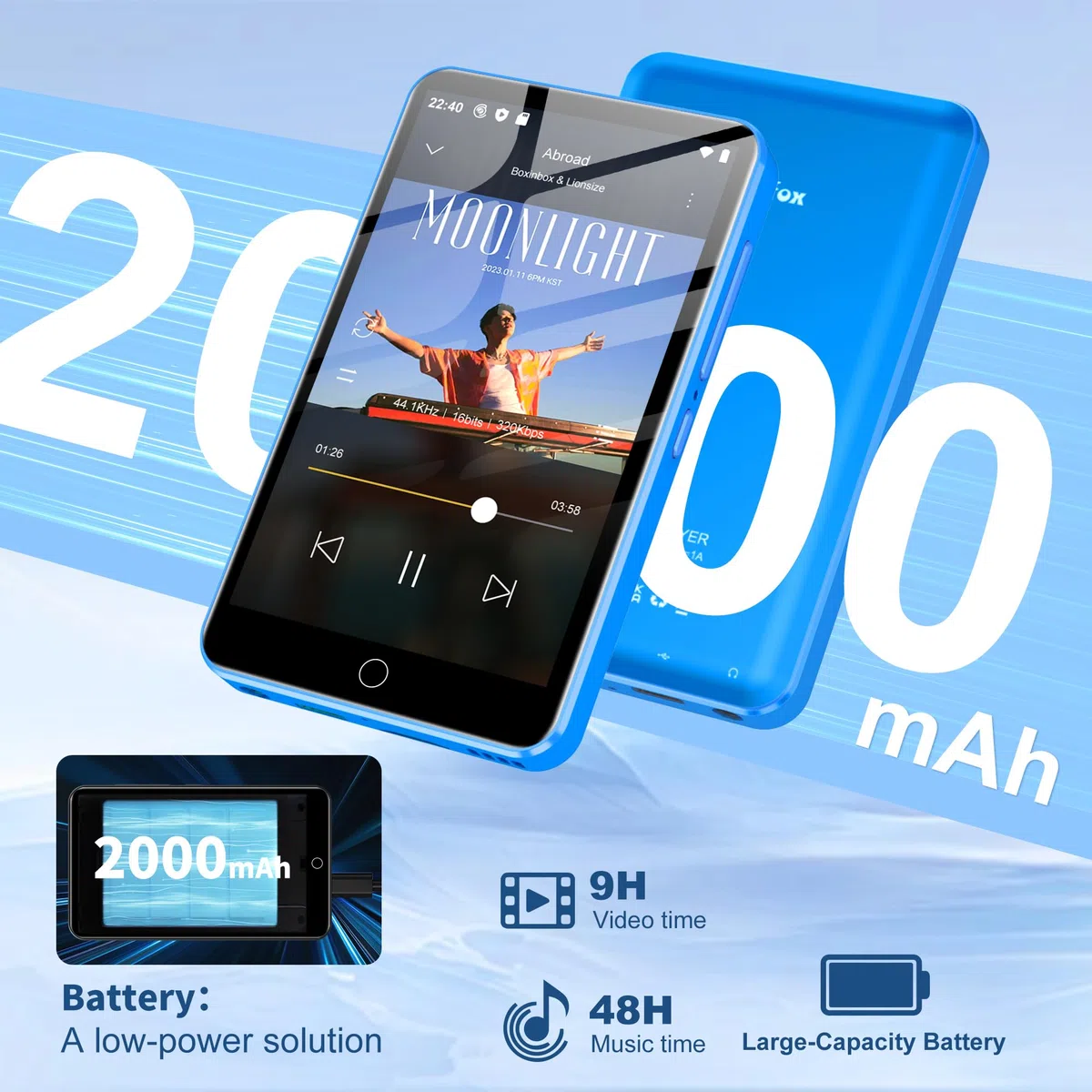 80GB MP3 Player mit Bluetooth und Wi-Fi, Android MP3-Player Spotify, Amazon Music, Audible, 4-Zoll-Touchscreen MP4 Player, Diofox Streaming Musikplayer mit Play Store, FM-Radio, Deezer - Blau