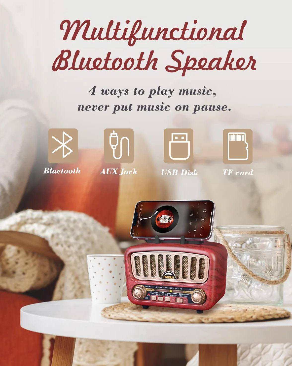 PRUNUS J-180 AM/FM/SW Retro Radio mit Bluetooth 5.0, Nostalgie Radio Klein mit 1800mAh Akku, Unterstützt USB/TF/AUX Funktion, mit großem 5-W-Lautsprecher, Kofferradio Küchenradio für Büro Zuhause.