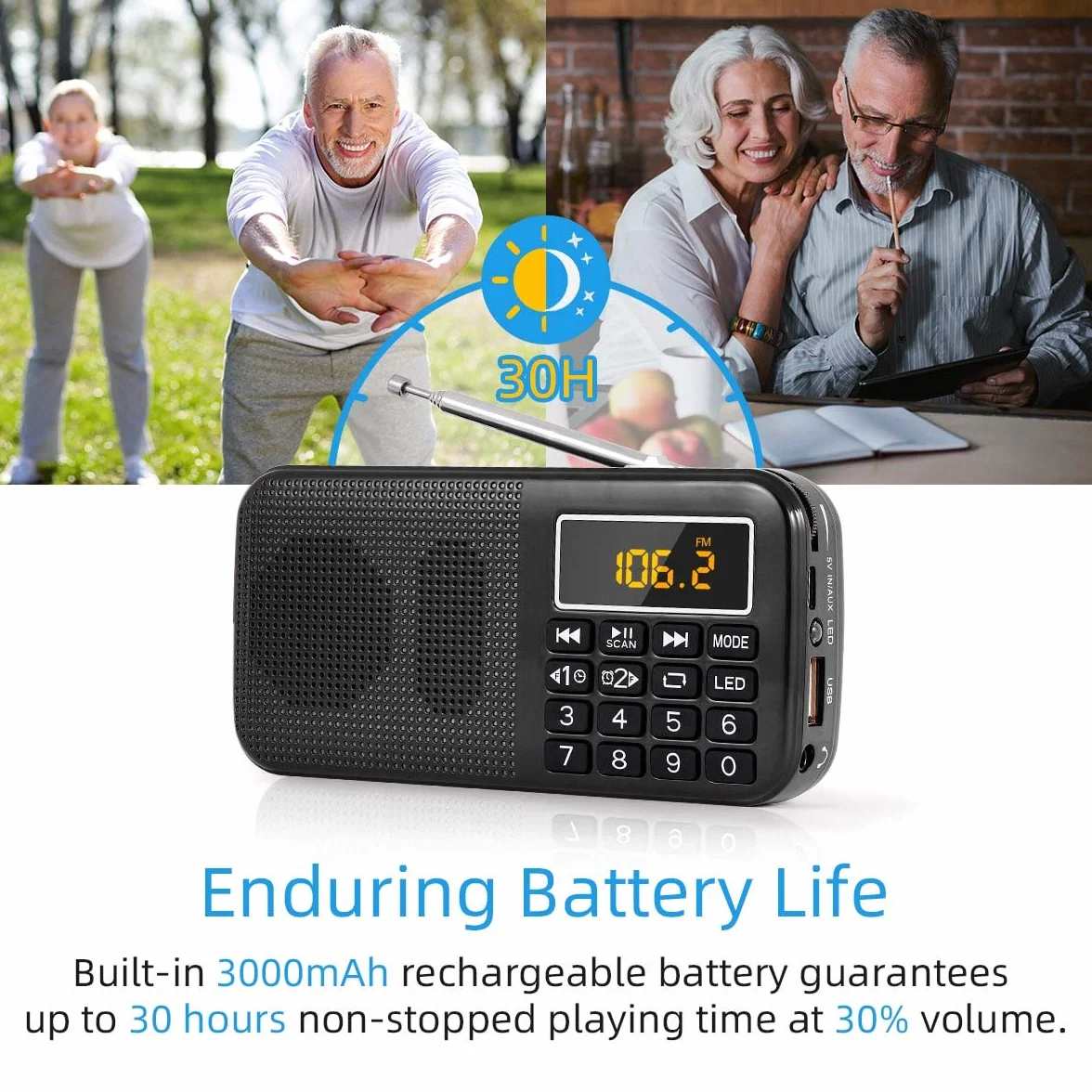 PRUNUS J-725 FM UKW Radio Klein, Digital Radio mit 3000mAh Wiederaufladbare Batterie, Kofferradio Tragbares Radios Wecker, USB/SD/TF/AUX-Player, Akku Radio mit Notlicht.(Schwarz)