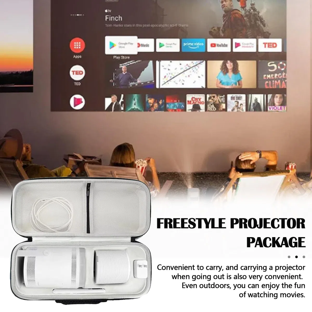 Tragetasche für Projektor, schutzhülle für Samsung The Freestyle Projector und Akku Basis, Eva Hartschale Schutzbox Tragbare Reise Aufbewahrungstasche Kratzfest stoßfest Schwarz 37.5x15.5x12cm