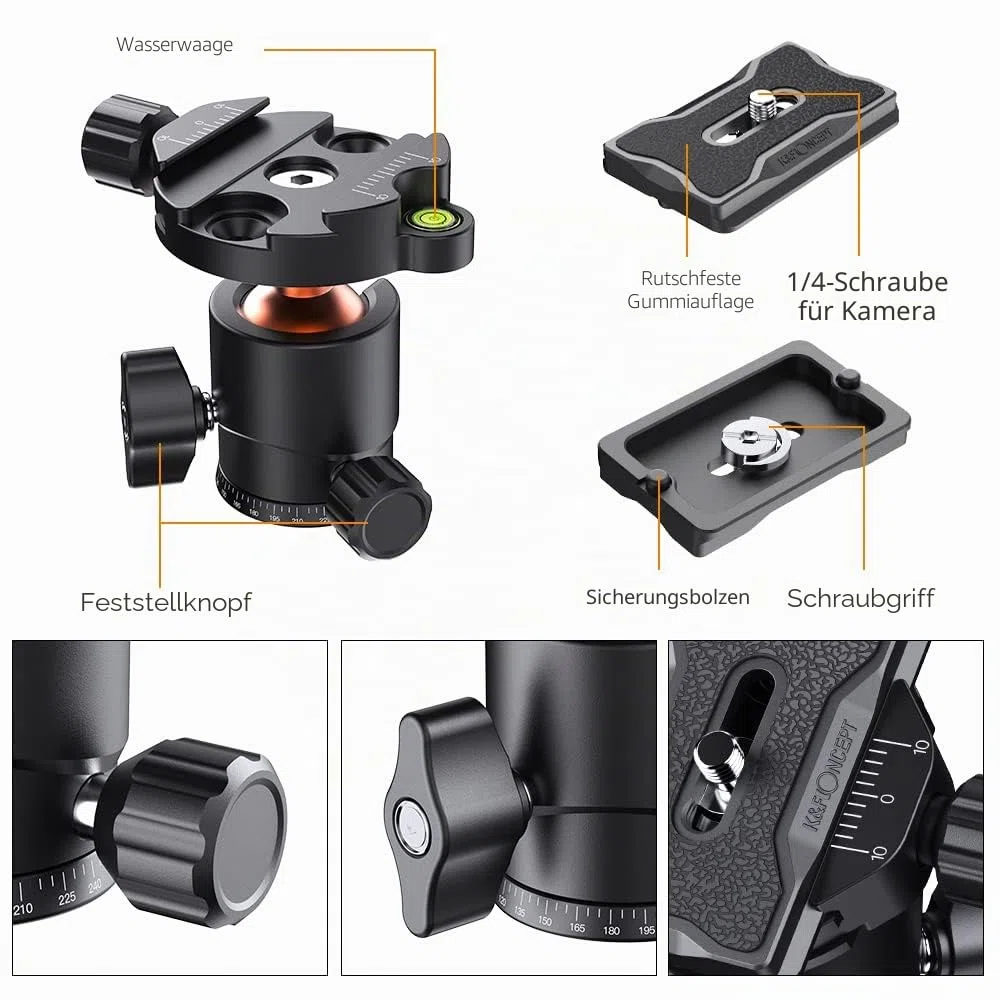 K&F CONCEPT KF25 Kugelkopf Stativkopf, Kamera Kugelkopf mit 1/4 Zoll Schnellwechselplatte und Wasserwaagee, 8 kg Tragkraft, für Stativ, Einbeinstativ, Kamera Slider, Spiegelreflexkamera