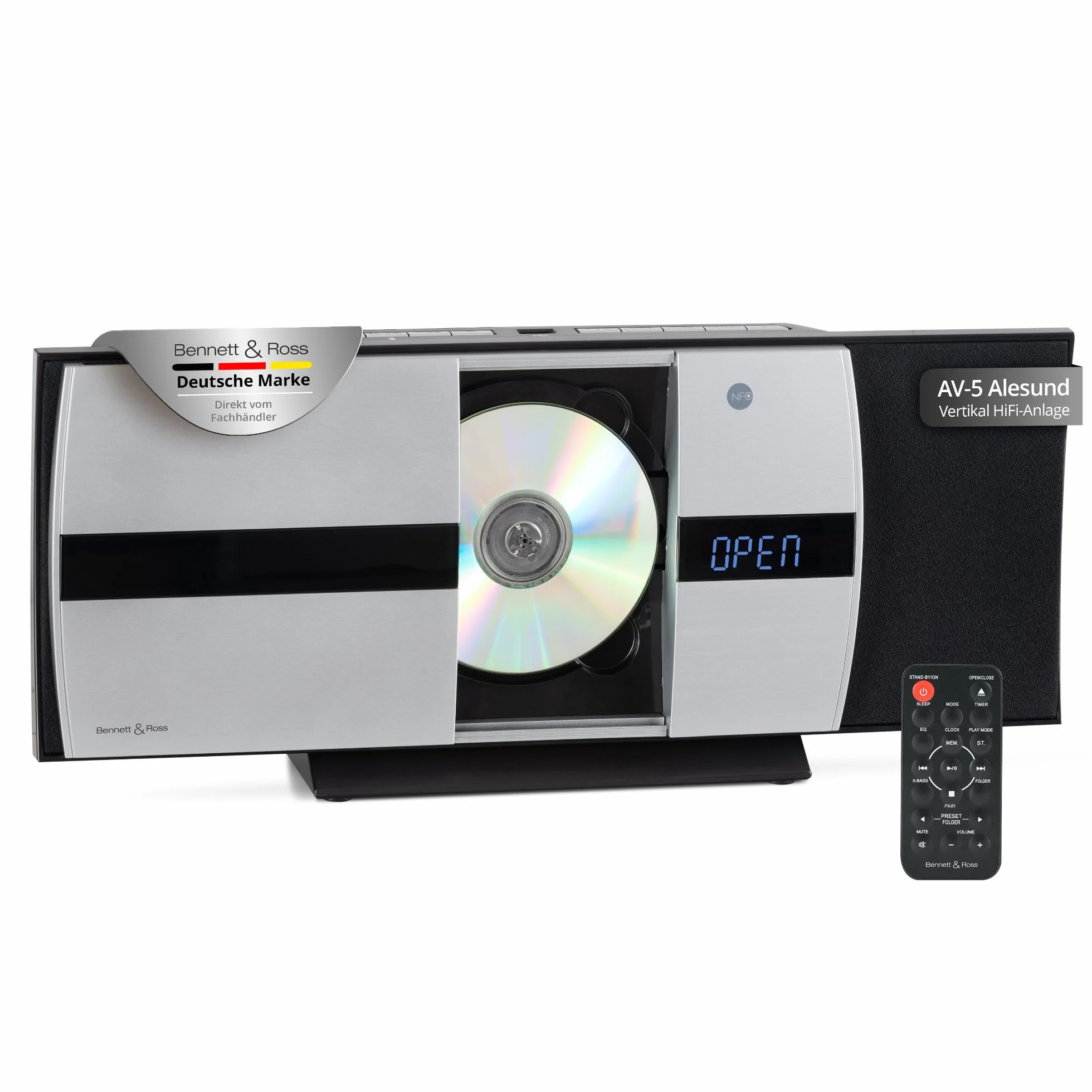 Bennett & Ross Ålesund Vertikal Stereoanlage - HiFi Microanlage mit CD-Player, MP3, UKW-Funktion, USB und Bluetooth mit NFC - Standaufstellung oder Wandmontage - Fernbedienung - Silber