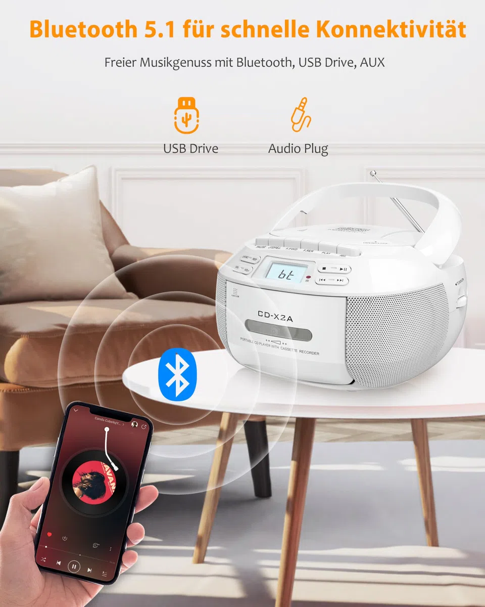 Greadio Tragbarer CD Player, Boombox Kassettenspieler mit Bluetooth, FM Radio mit Fernbedienung, AUX-/USB-Wiedergabe, Kassettenrekorder, AC-Kabel/Batteriebetrieb, LCD-Bildschirm für Kinder (White)