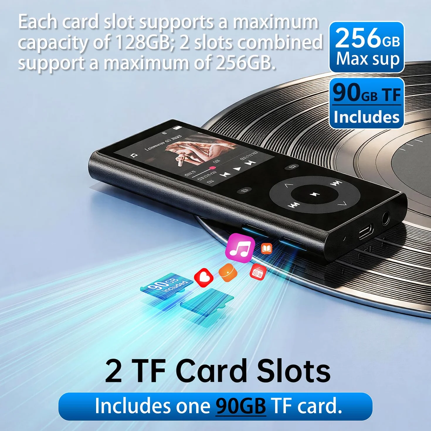 90GB MP3 Player Bluetooth 5.3, Musik Player 2 TF-Kartensteckplätzen, 2,4" Farbbildschirm, Touch-Tasten, MP3 Player Kinder mit Lautsprecher, Unterstützung bis zu 256 GB, Inklusive Kopfhörer, Schwarz