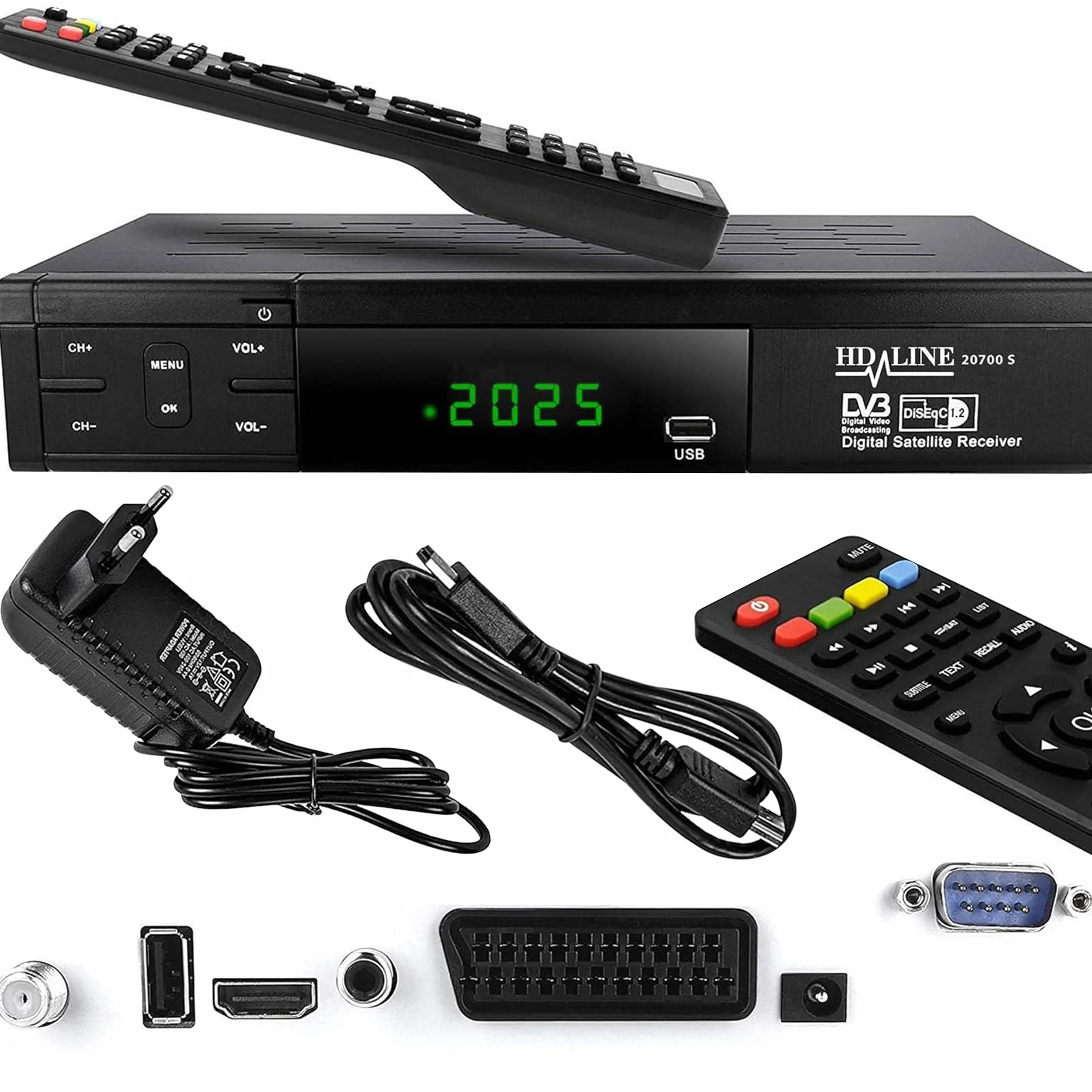 Hd-line 20700 HD Sat Receiver Satellit DVB S2 HD Receiver für SAT Digitaler Satelliten SAT Receiver (DVB-S/S2, HDMI, SCART, 2X USB 2.0, Full HD 1080p) (Vorprogrammiert für Astra Hotbird und Türksat)