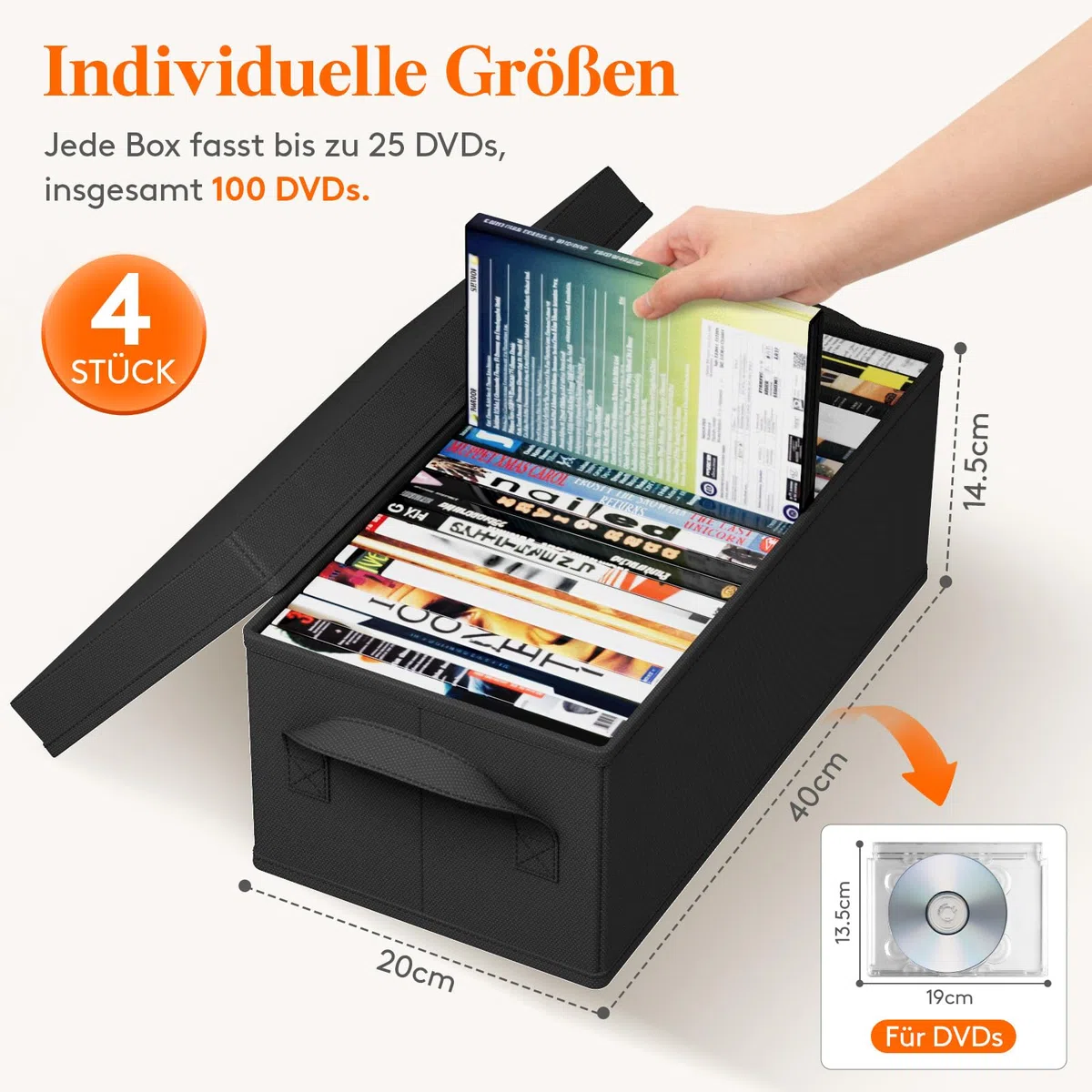 Lifewit DVD Aufbewahrungsbox, Stapelbarer DVD Aufbewahrungsbehälter, faltbarer DVD Behälter mit Deckel, fasst bis zu 100 DVDs 25 Stück pro Einheit für Haus und Auto, 40 x 20 x 14,5cm, 4er Pack