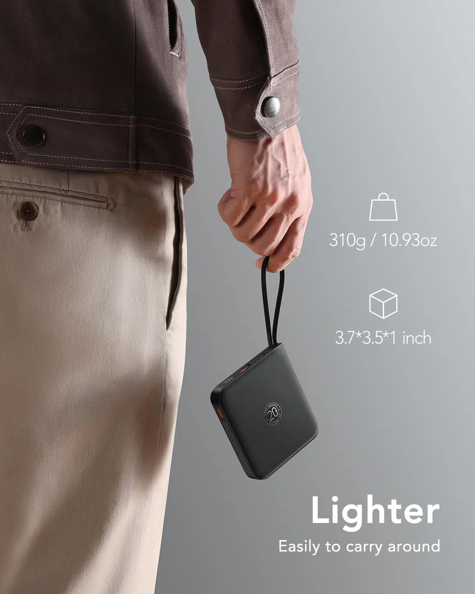 VRURC Powerbank 20000mAh Power Bank mit Kabel Klein USB C 22.5W QC3.0 Schnelles Aufladen Tragbares Ladegerät Externe Handyakkus Klein Aber Stark mit LED-Anzeige für iPhone Huawei Smartphones (schwarz)
