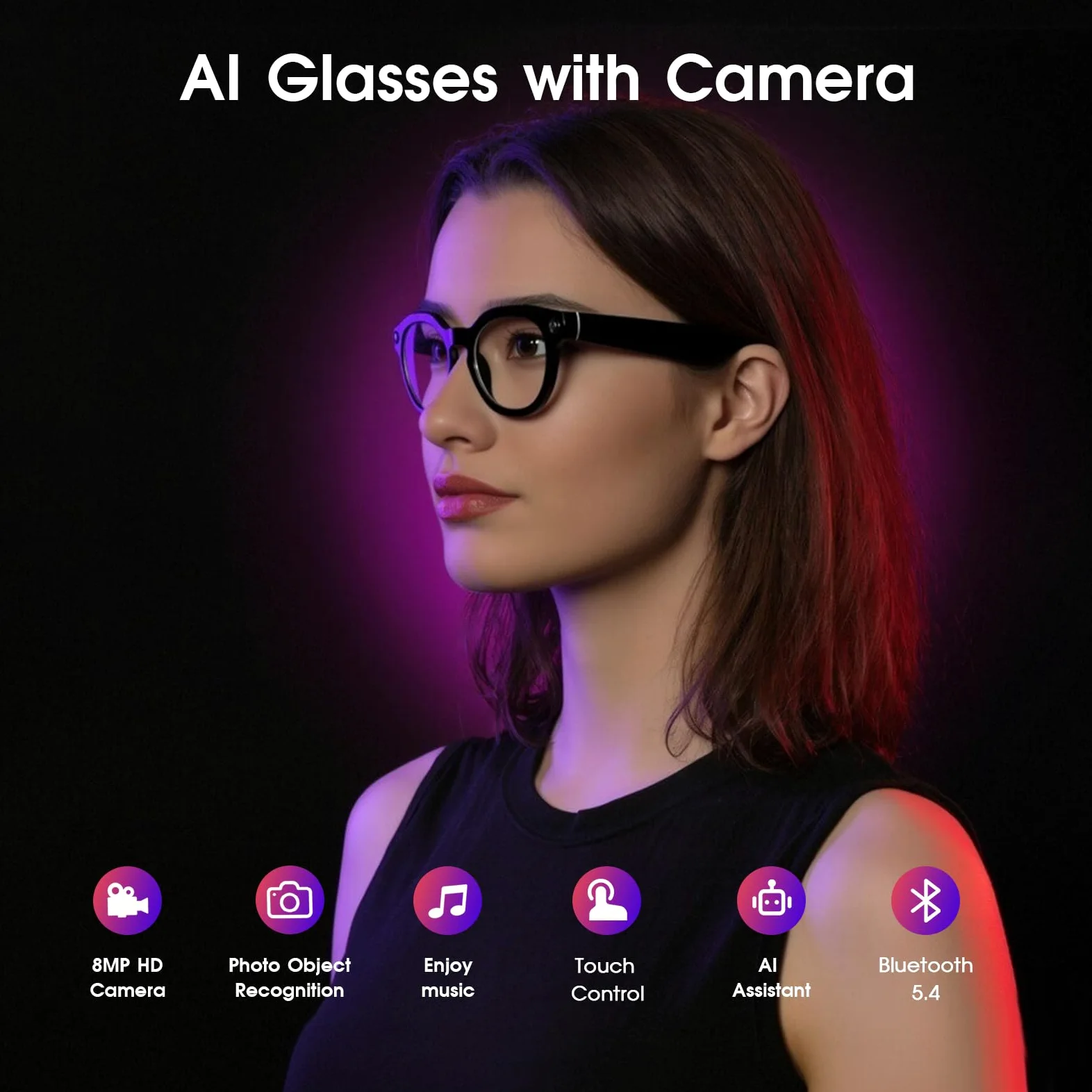 AI Smart Glasses mit Kamera, 8MP HD Kamera Brille, Lautsprecher mit Offener Rückseite, Photochrome Gläser, Unterstützt Foto, Videos, KI Brille für Outdoor-Aktivitäten, Radtouren, Wandern, Reisen