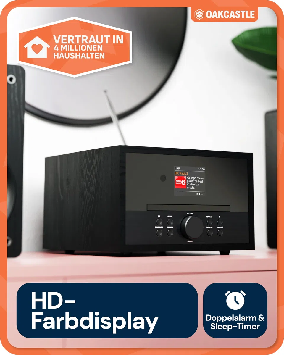 OAKCASTLE DAB400 HiFi DAB Radio mit CD Player | 60W 2.0 Stereoanlage | UKW Radio HiFi Anlage mit Bluetooth 5.2 | Kompaktanlagen mit Farbdisplay & Inklusive Fernbedienung | Mini Musikanlage CD Spieler