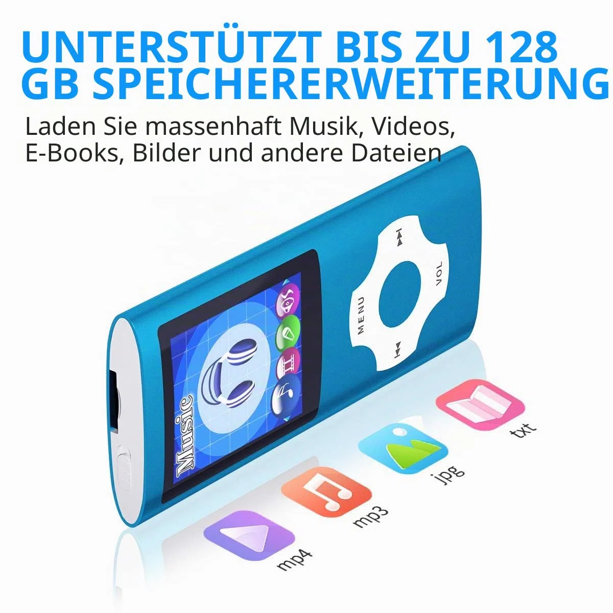 MYMAHDI Bluetooth 5.0 MP3/MP4-Player mit 32 GB Speicherkarte, 1,8 Zoll LCD-Bildschirm, unterstützt bis zu 128 GB, Video/Sprachaufnahme/FM-Radio/E-Book-Reader/Fotobetrachter, Dunkelblau