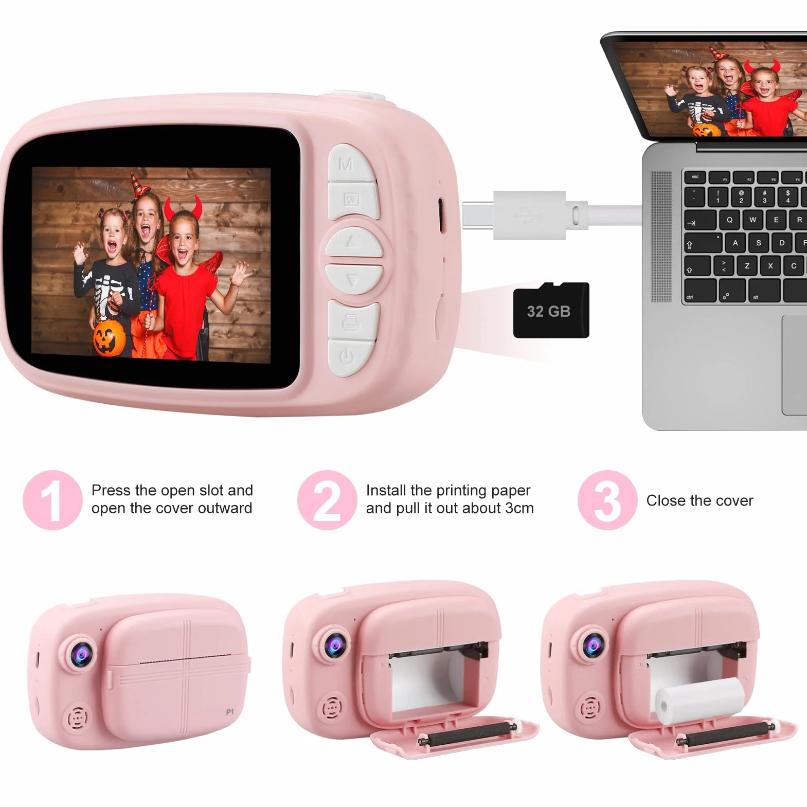 Sofortbildkamera Kinder, Instant Digitalkamera 3.5" 1080P Zero-Ink Sofortbildkameras Kamera mit 4 Rollen Druckpapier, 32GB TF-Karte Digital Kinderkamera Geschenke Junge für 3-14 (Rosa)