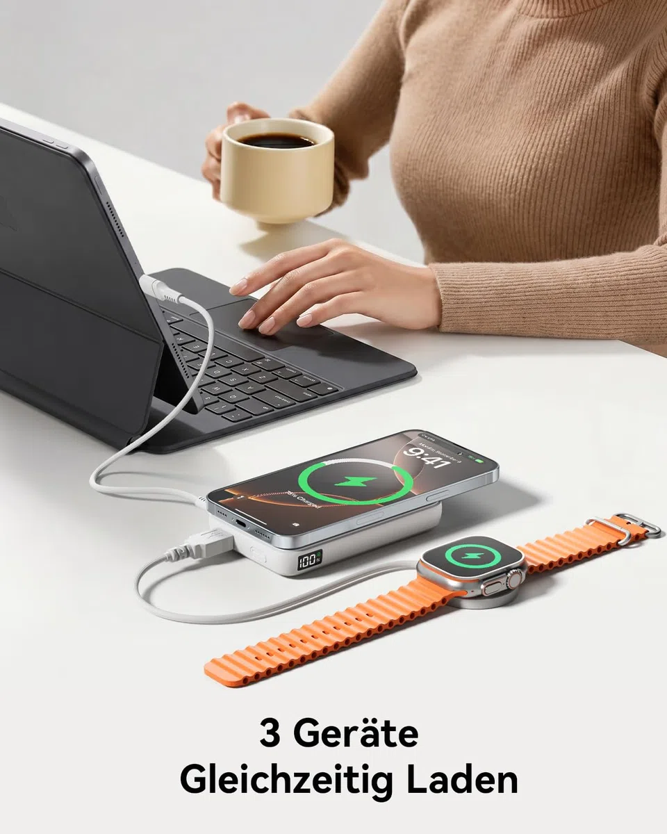 Powerbank für Magsafe, 12000mAh Kabelloses Power Bank mit 22.5W PD USB-A Ausgabe, Magnetische Externe Handyakkus mit LED-Anzeige, Typ-C Eingang & Ausgang für iPhone 17/16/15/14/13/12/Pro/Pro Max