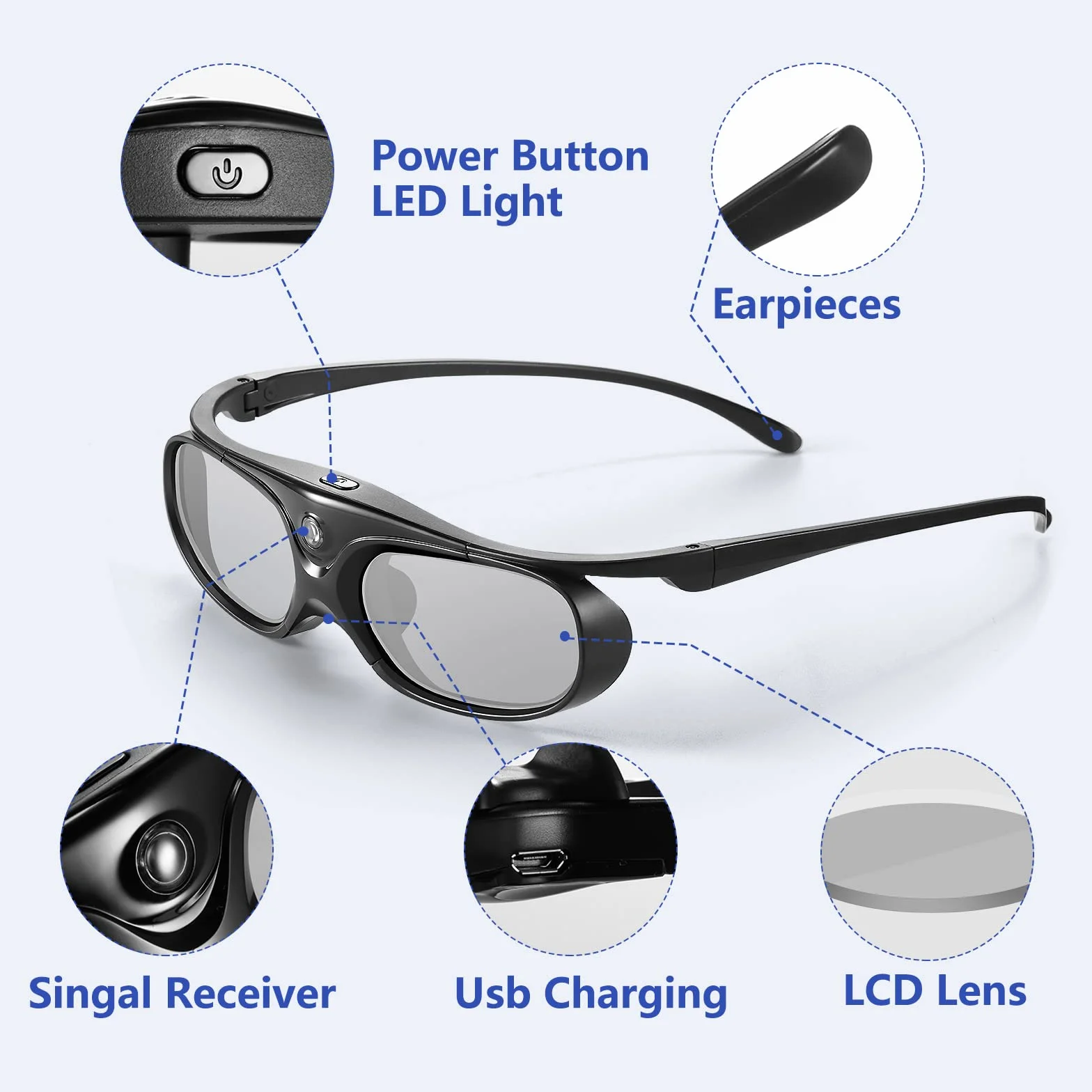 3D-Brille, Wiederaufladbare 3D Active Shutter Brille für alle DLP Link 3D Projektoren,Active Shutter 3D DLP Link Wiederaufladbare 3D-Brille kompatibel mit BenQ,Optoma,Viewsonic DLP-Projektor