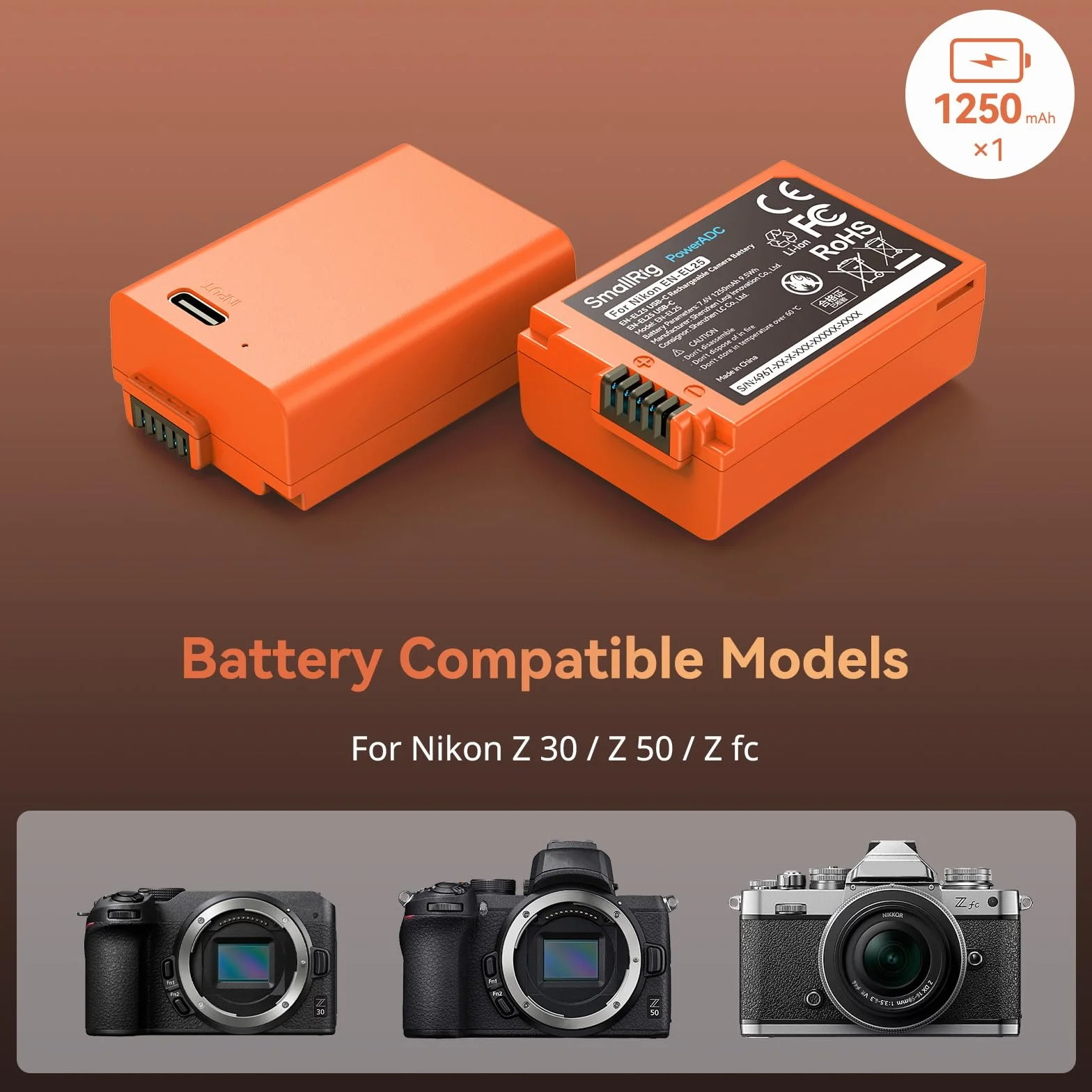 SMALLRIG Battery Akku für EN-EL25 1250mAh USB-C Battery Ersatzakku für Nikon Z30 / Z50 / Z50 II/Z fc, 1,75 Std. voll aufgeladener wiederaufladbarer Kamera-akku für Nikon Z50, Z fc, Orange – 4967