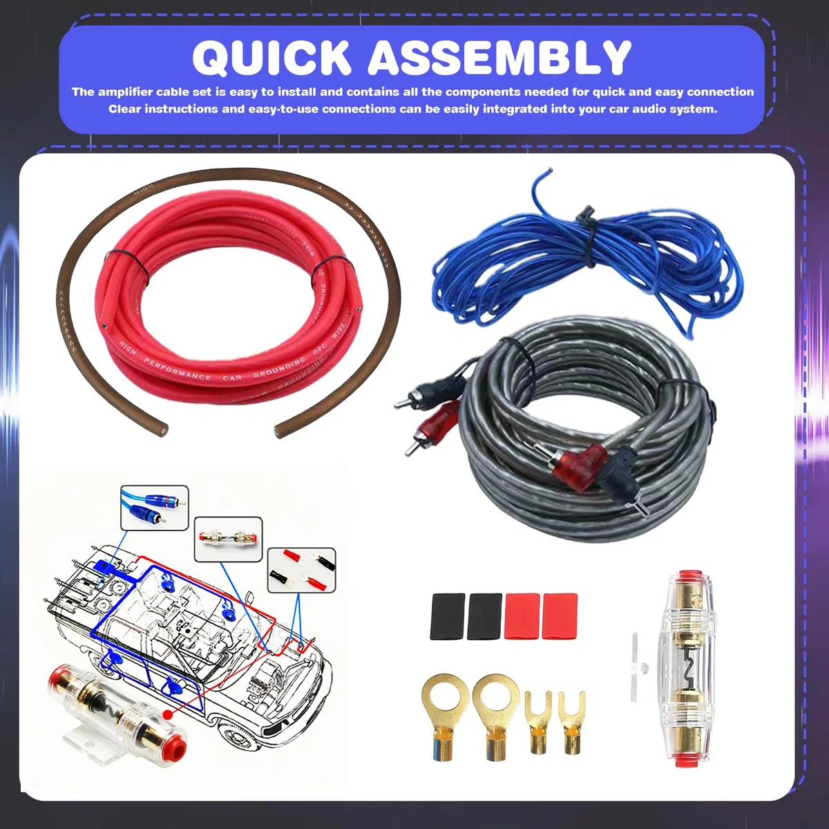 7Pcs Kfz Verstärker Kabelsatz, 4GA Subwoofer Kabel Set mit Sicherung, 5m Endstufe Kabel Set & Installations-Set für Verstärker und Subwoofer, Car Audio Wire HiFi-System Kfz