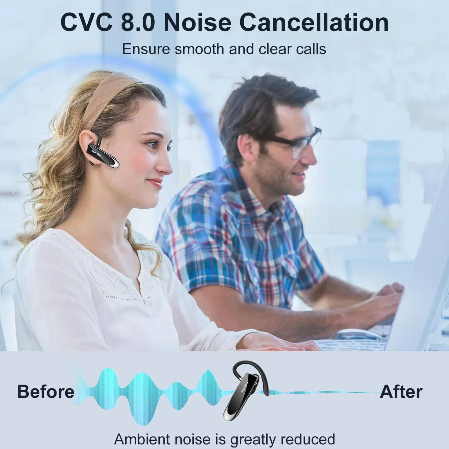 New Bee Bluetooth Headset Wireless Freisprech Telefon Bluetooth-Headset mit Mikrofon für iPhone Samsung Huawei mit 60 Tage Standby Schwarz