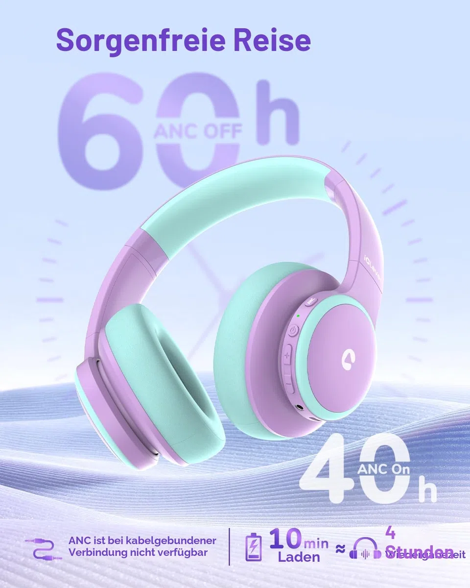 iClever Noise Cancelling Bluetooth Kopfhörer Kinder, 60 Spielzeit, Sichere Lautstärke 80 dBA, Typ-C-Schnellladung, Bluetooth 5.4, Kinder Kopfhörer mit Mikrofon-AUX-Kabel für iPad, Lila