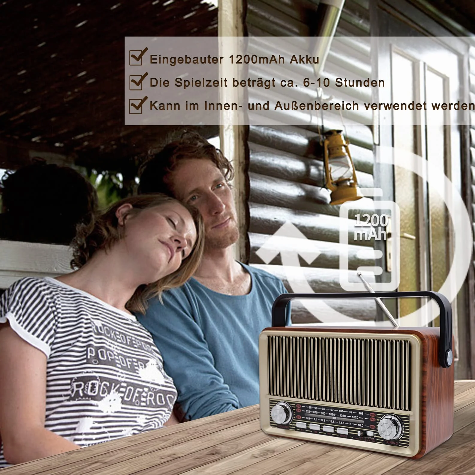 Retro Bluetooth 5.0 Radio - Nostalgie AM SW FM Vintage Gerät Mit 1200mAh Wiederaufladbarer Batterie, USB/TF Unterstützung - Für Küche, Büro Und Zuhause