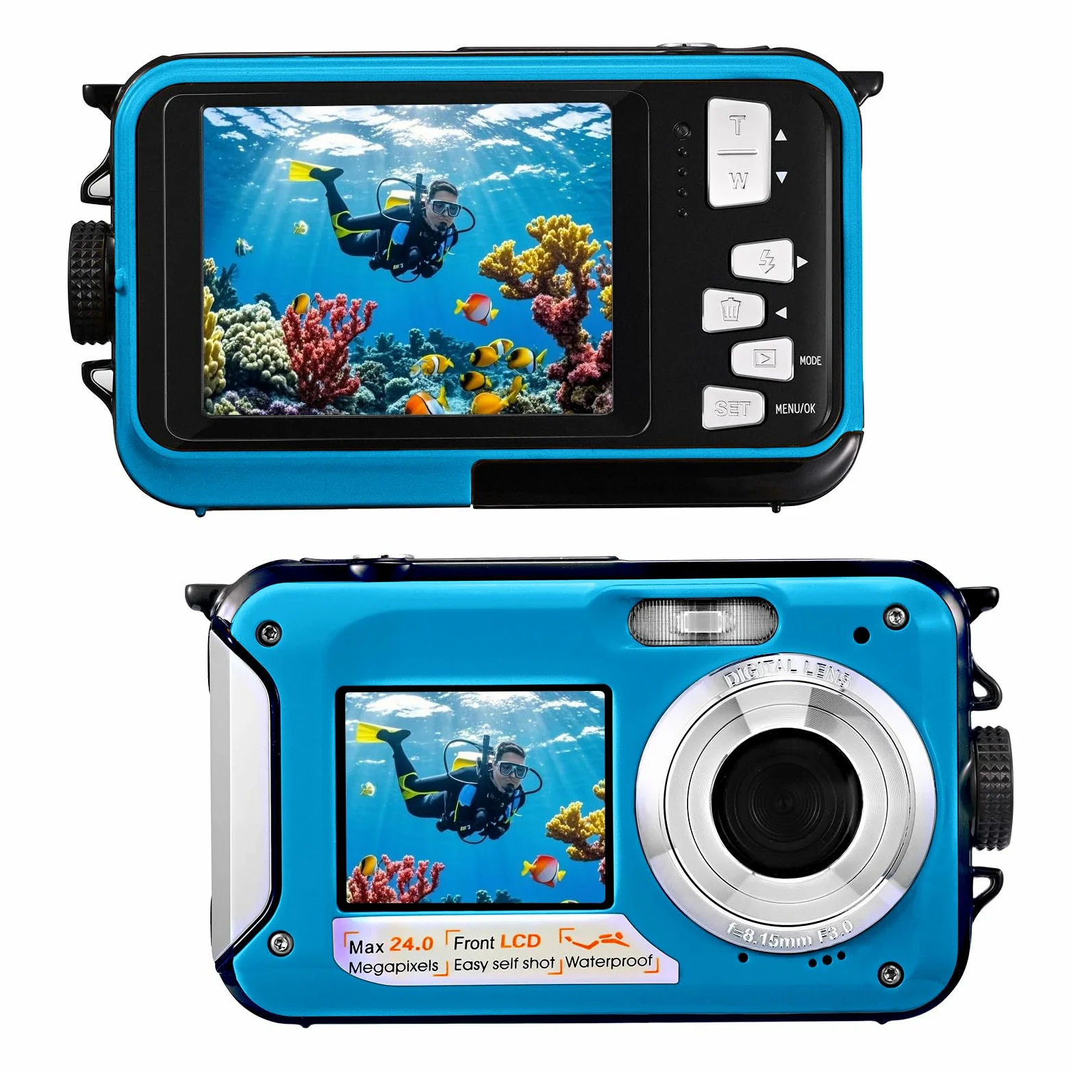 Digitalkamera, wasserdicht, Full HD 2,7 K, 48 MP, Doppelbildschirm, Anti-Vibration, Selfie, Doppelbildschirm, 16 x Zoom, Kamera für Schwimmen, Urlaub (blau)