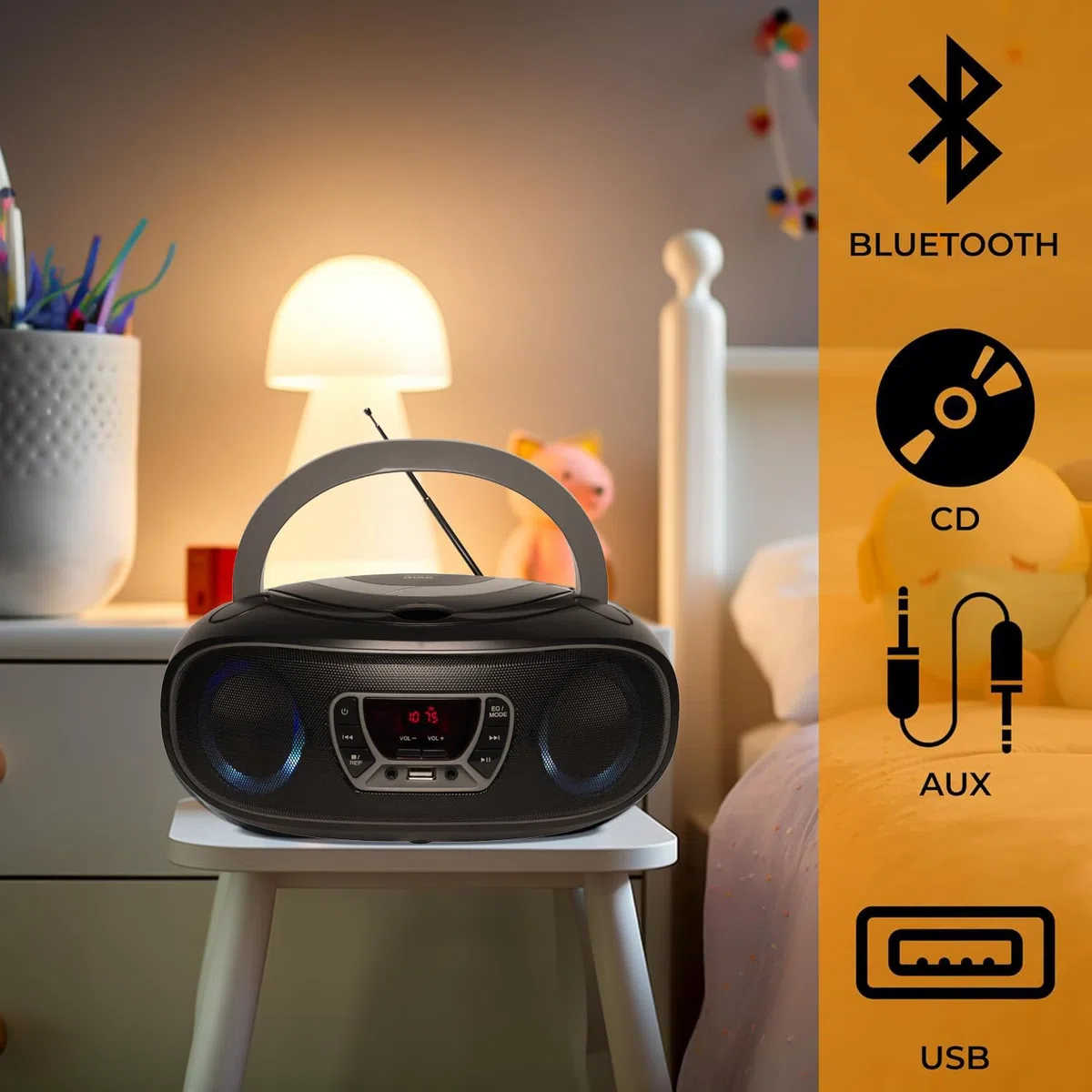 Denver TCL-212BT CD-Player Boombox Bluetooth USB FM-Radio Grau | Toplader, MP3-Wiedergabe, AUX-Eingang, Kopfhöreranschluss, LED-Licht, Netz- oder Batteriebetrieb