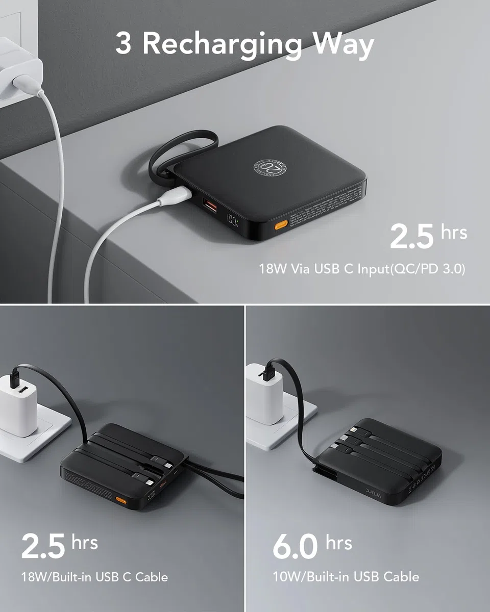 VRURC Powerbank 20000mAh Power Bank mit Kabel Klein USB C 22.5W QC3.0 Schnelles Aufladen Tragbares Ladegerät Externe Handyakkus Klein Aber Stark mit LED-Anzeige für iPhone Huawei Smartphones (schwarz)