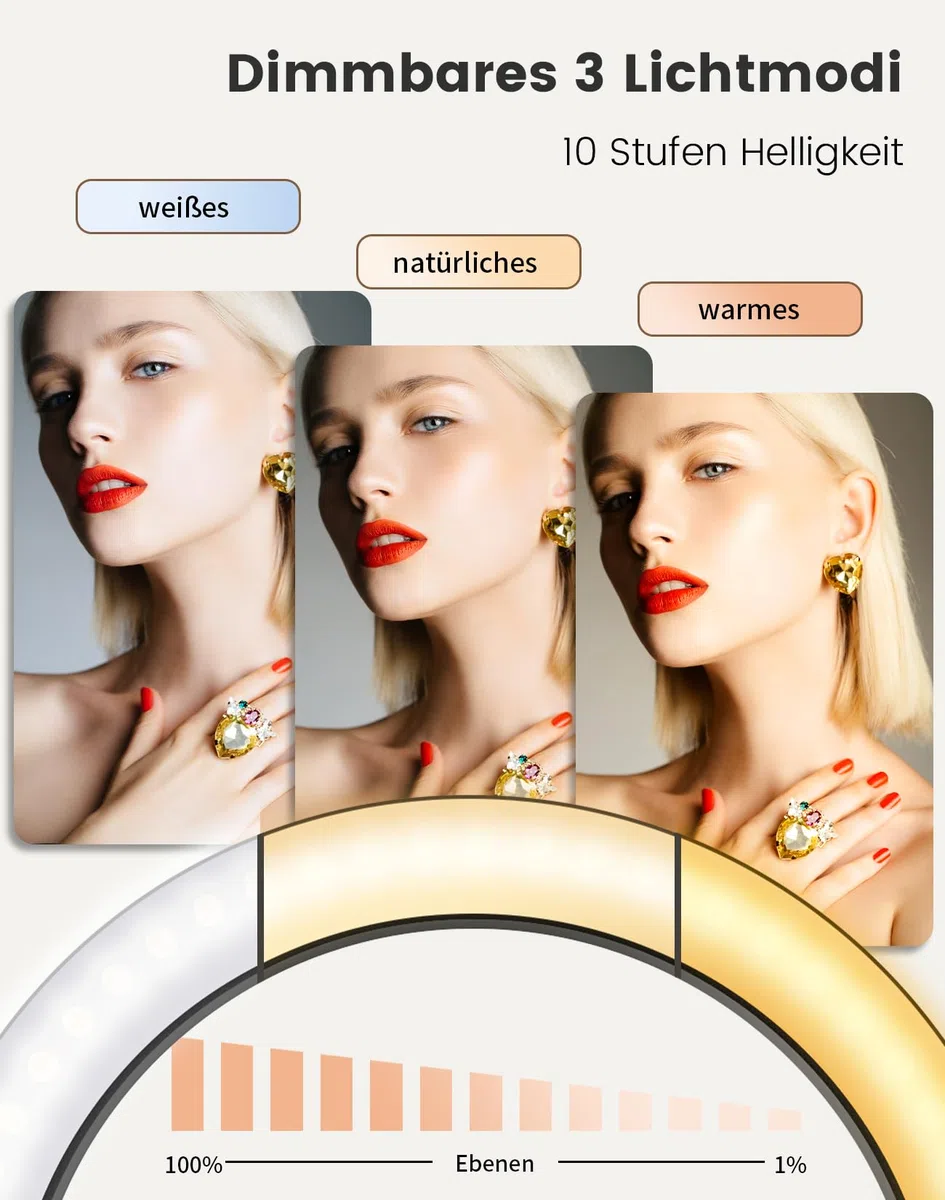 10,2" Dimmbares Ringlicht mit 75 Zoll hohem Aluminium-Stativ, Flimmerfreies LED-Make-up-Licht/Cold-Shoe-Schnellmontagehalterung, Ringlicht für Handy, TikTok/Live-Stream, Videoaufnahmen