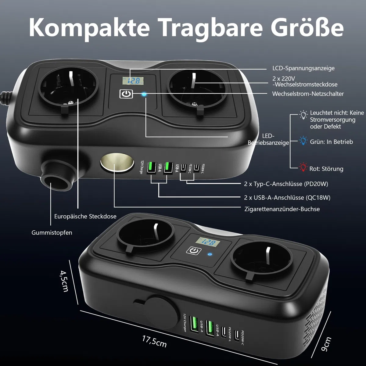 7 in 1 200W Wechselrichter 12V auf 220–230V, SZSSTH Spannungswandler Auto Steckdose 2 USB-A/2 Typ-C (5V 3A), Stromwandler mit Zigarettenanzünder Steckdose Power Inverter für Handys, Laptops, Campen