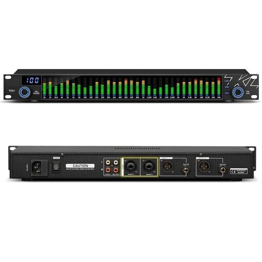 Digitaler Equalizer, 31-Band-Stereo-Grafik-Equalizer, 1U-Rackmount-Audio-Prozessor mit Dual-Channel DSP, LED-Spektrum-Display und mehreren TRS/RCA/XLR-Schnittstellen, Schwarz
