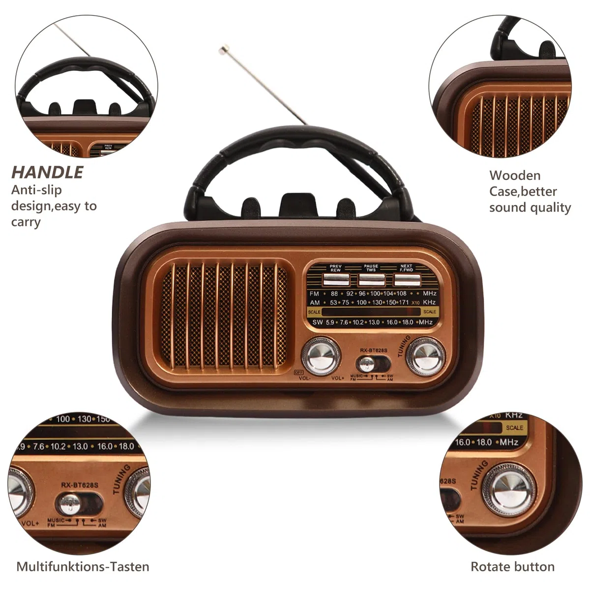 Retro Radio mit Bluetooth, AM/FM/SW Retro Radio Klein Solar Tragbarer Bluetooth Lautsprecher mit 1200mAh Akku, Unterstützt USB/TF, Vintage Radios für Zuhause, Büro, Outdoor