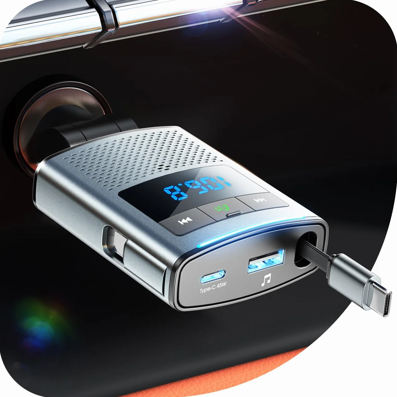 JOYROOM 90W Bluetooth 5.4 Adapter Auto,【100cm Einziehbares Kabel】 2026 Zigarettenanzünder USB C & FM Transmitter, 24V/12V USB Adapter Auto mit Freisprecheinrichtung, KFZ Zubehör für iPhone 17