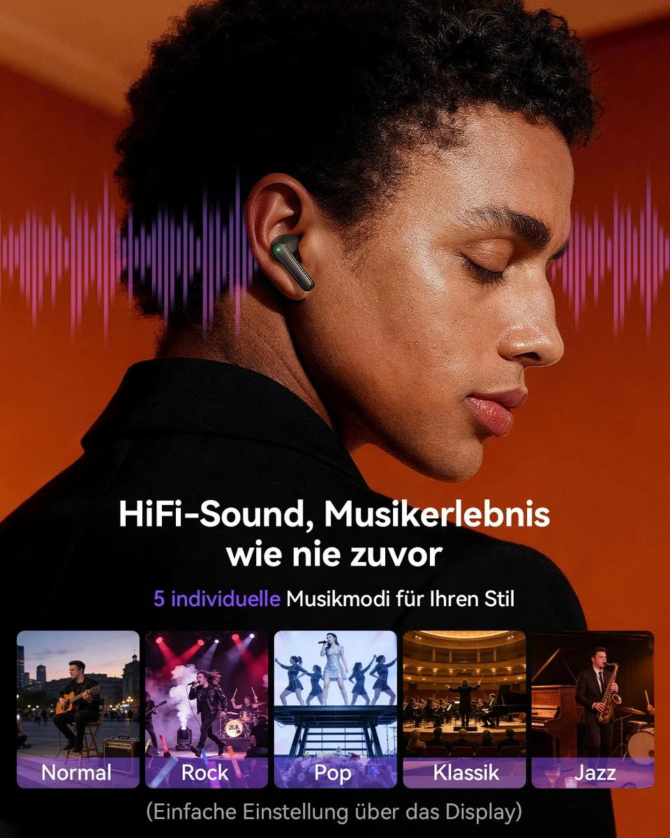 ZIUTY Bluetooth Kopfhörer 5.4, In Ear Kopfhörer mit Touchscreen Display, ANC & ENC Noise Cancelling, 5 EQ Modi, HiFi Stereo Sound, 48 Std. Spielzeit, IPX7 Wasserdicht für iPhone und Android-Schwarz