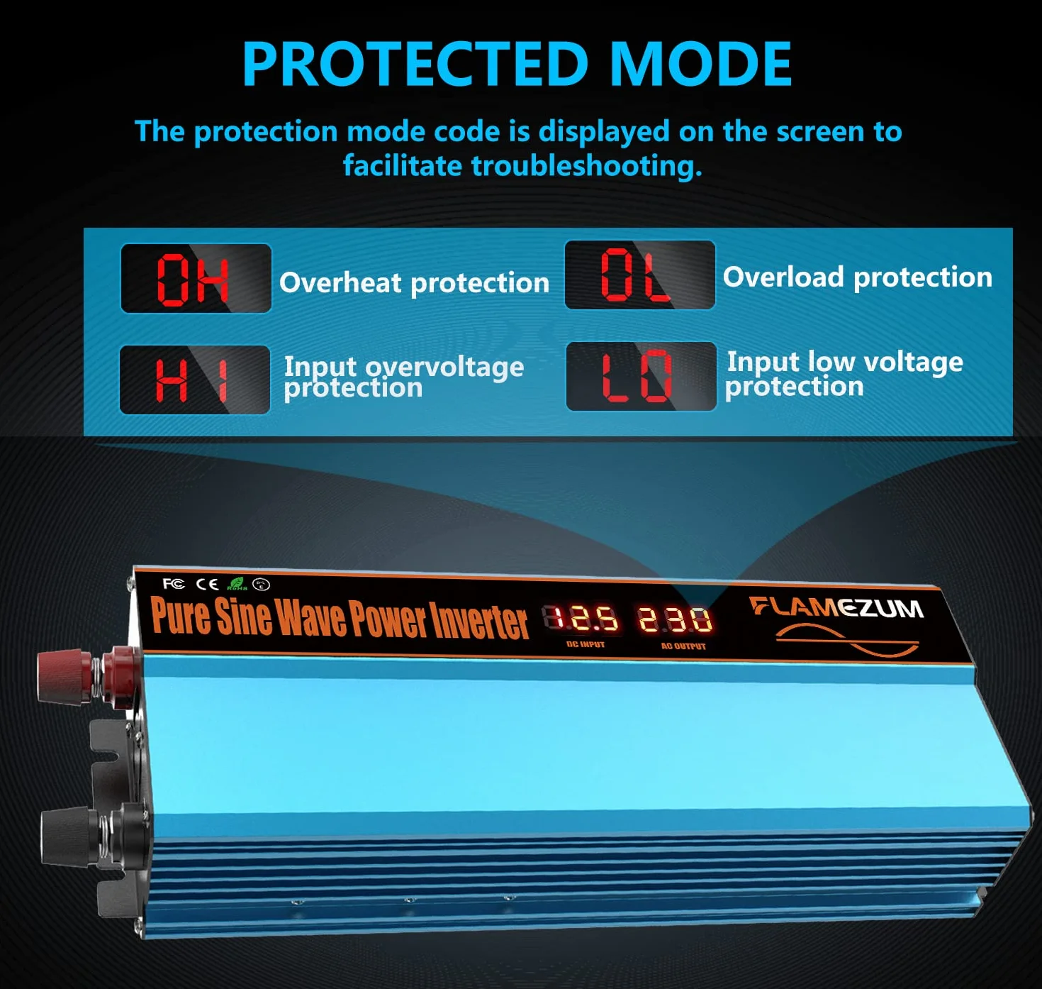 FLAMEZUM 1000W/2000W Wechselrichter 12V auf 230V Reiner Sinus Spannungswandler Pure Sine Wave Inverter mit 1 EU Steckdose und 2 USB-Ports (3.4A) für Auto, Wohnmobil, Camping