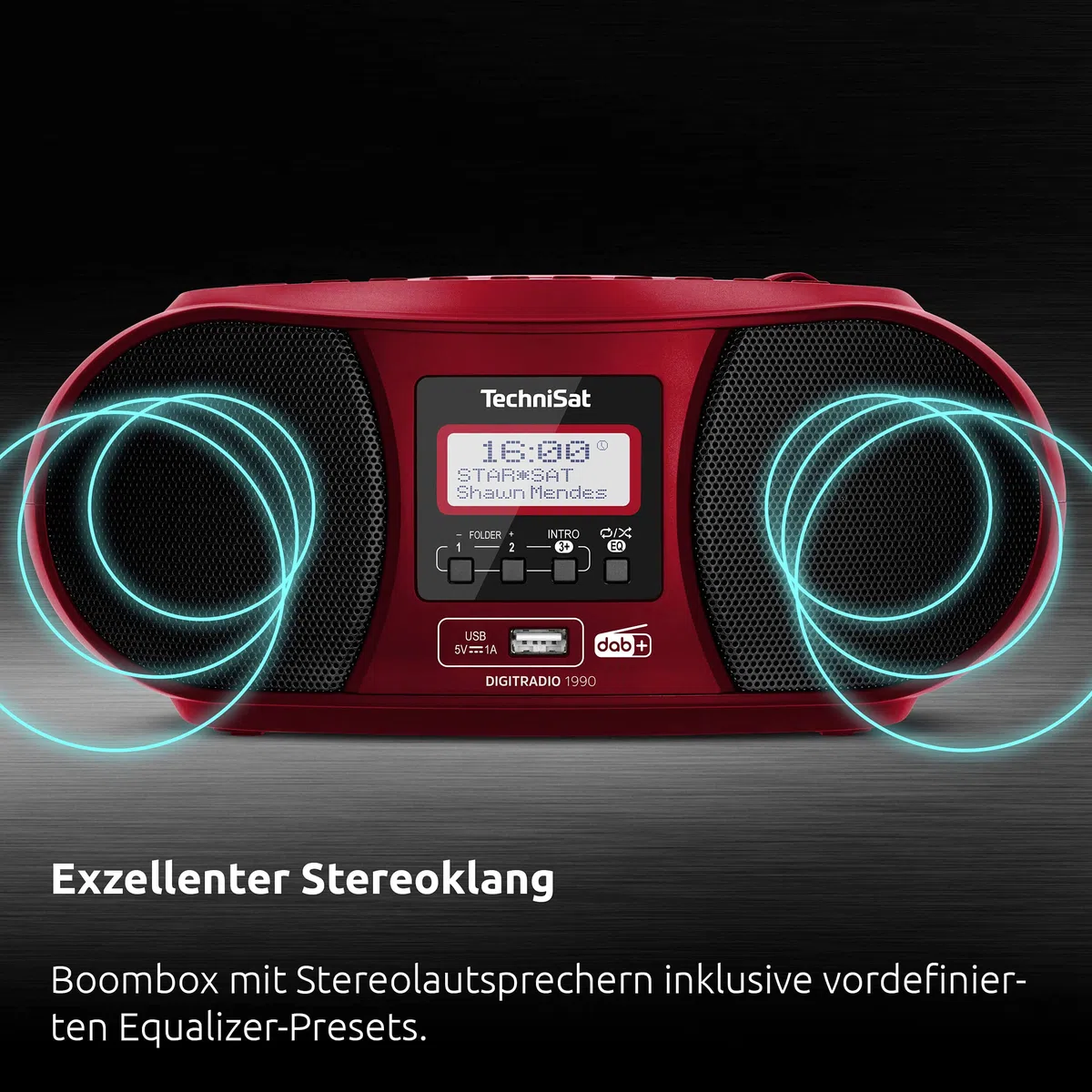 TechniSat DIGITRADIO 1990 - Stereo-Boombox mit DAB+/UKW-Radio und CD-Player (Bluetooth-Audiostreaming, Kopfhöreranschluss, USB, AUX in, Ladefunktion, Uhr, 2 x 1,5 Watt Ausgangsleistung) rot