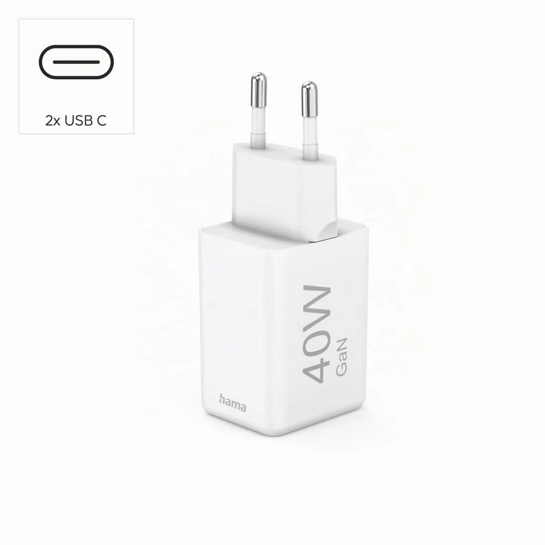 Hama Schnellladegerät, 40W (Ladegerät mit 2X USB C, unterstützt Power Delivery und Qualcomm Quick Charge, Zwei Geräte gleichzeitig Laden, superklein und kompakt, GaN Charger, akkuschonend) weiß
