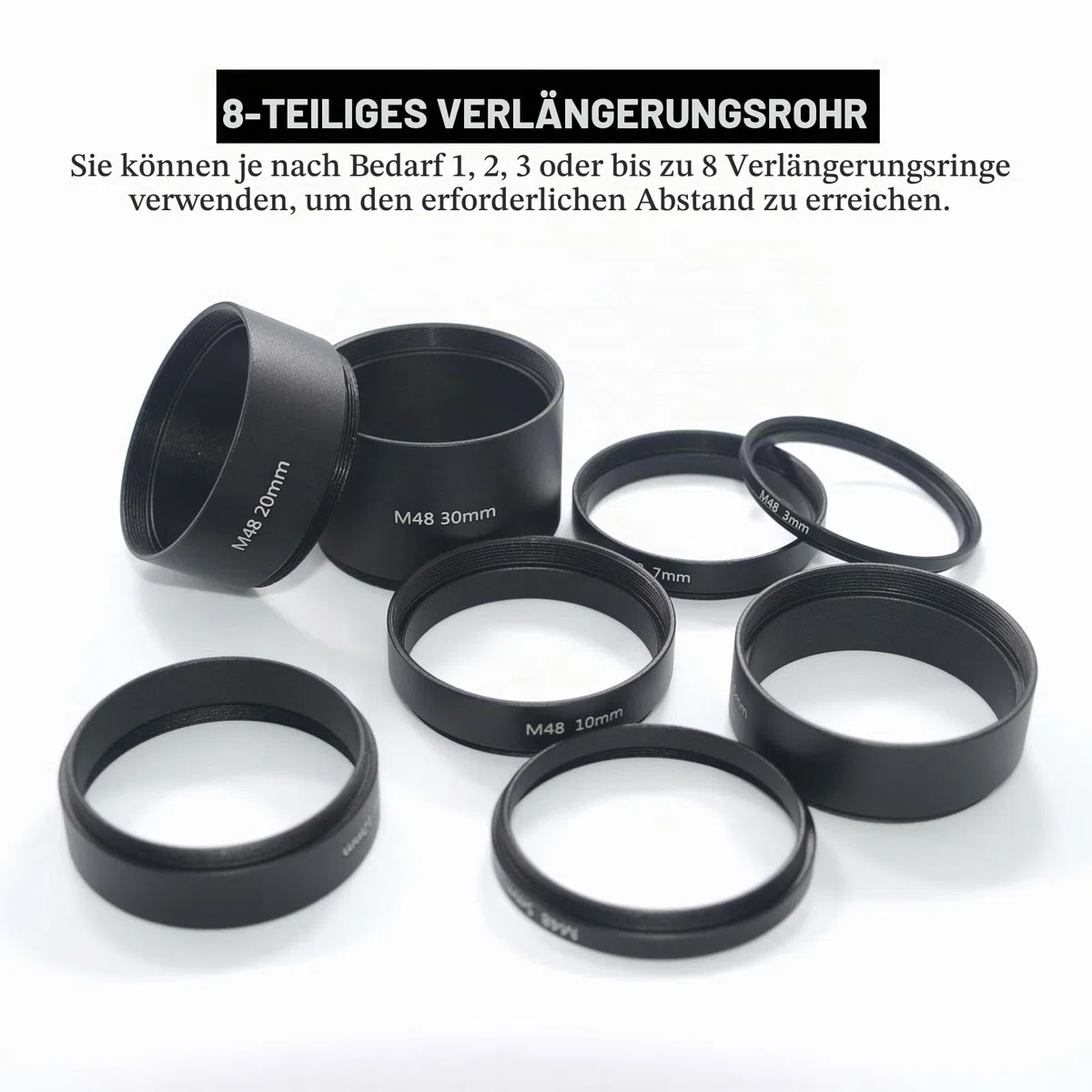 8 Stück M48 x 0,75 Teleskop-Verlängerungsrohr-Set, T2-Verlängerungsrohr-Set, Länge 3 mm, 5 mm, 7 mm, 10 mm, 12 mm, 15 mm, 20 mm, 30 mm, ausziehbar für astronomische Teleskop-Fotografie