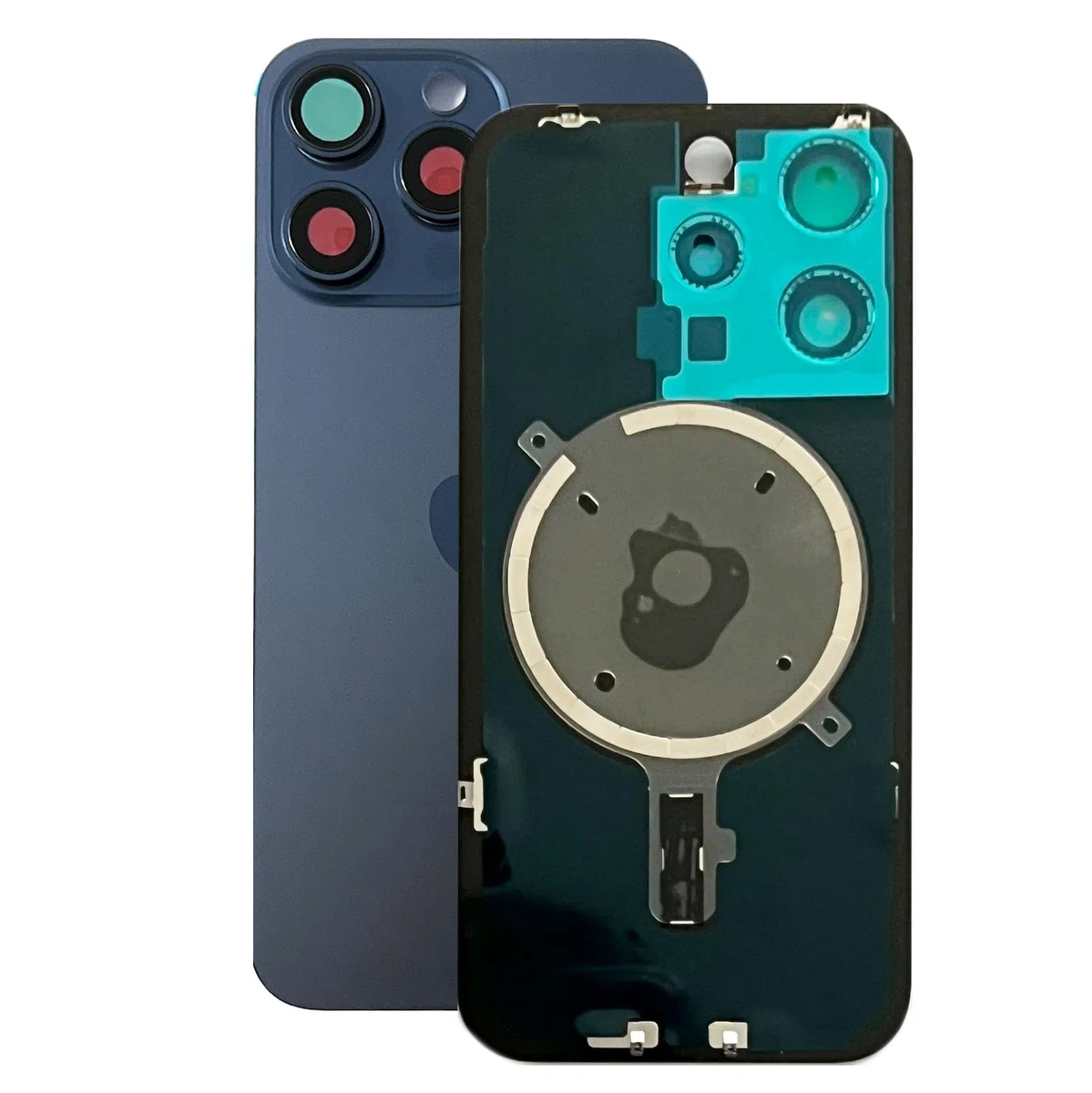 Generisch Backcover (Akkudeckel) passend für iPhone 15 Pro. Vormontiert : mit Magnet, Metallträger, Kameraringe, etc. Ersatzrückglas. OEM (Blau)