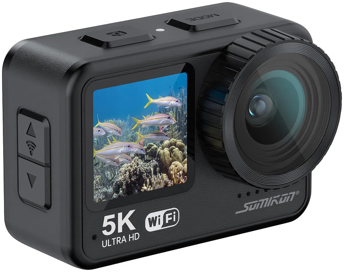 Somikon Unterwasserkamera: Mini-Actioncam mit 5K-Auflösung, wasserdicht bis 21 m, 2 Displays, EIS (Mini Unterwasserkamera, Action Cam, Kfz)