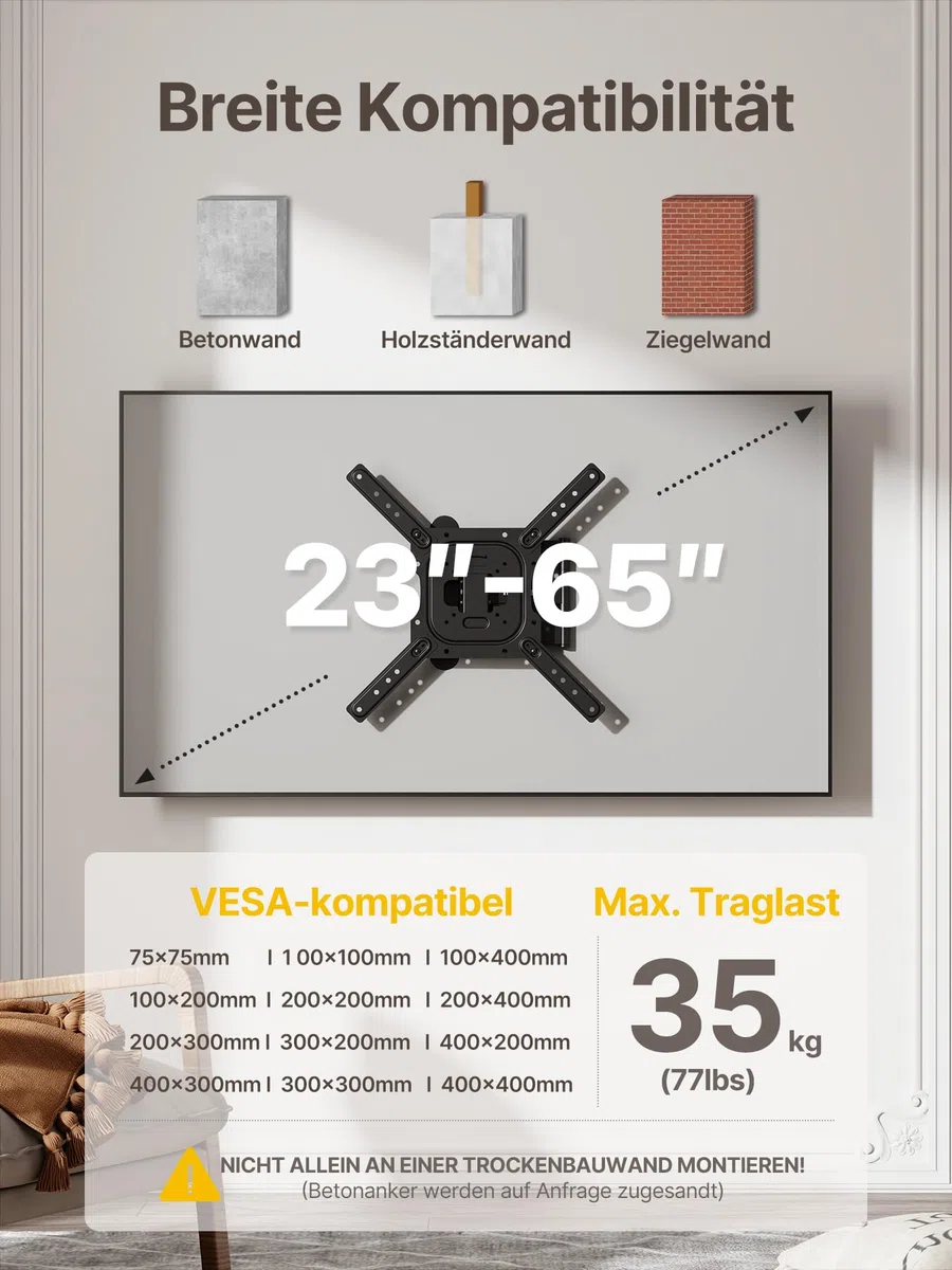 monTEK TV Wandhalterung für 23-65 Zoll Fernseher oder Monitor bis zu 35kg, Schwenkbare Neigbare Full-Motion TV Halterung mit 423mm Auszug, Universal Wandhalterung Fernseher, Max. VESA 400x400 mm
