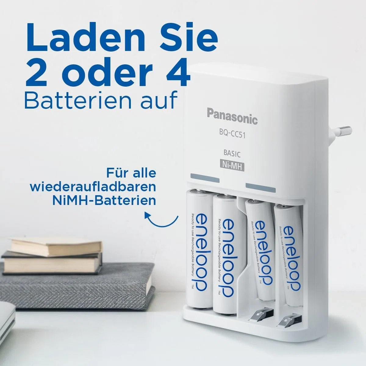 eneloop Basis-Ladegerät für 2 oder 4 AA/AAA NI-MH-Akkus. Mit neuen Sicherheitsfunktionen, 4 eneloop AAA/Micro-Akkus verbesserter Kapazität mit 6 Sicherheitsfunktionen