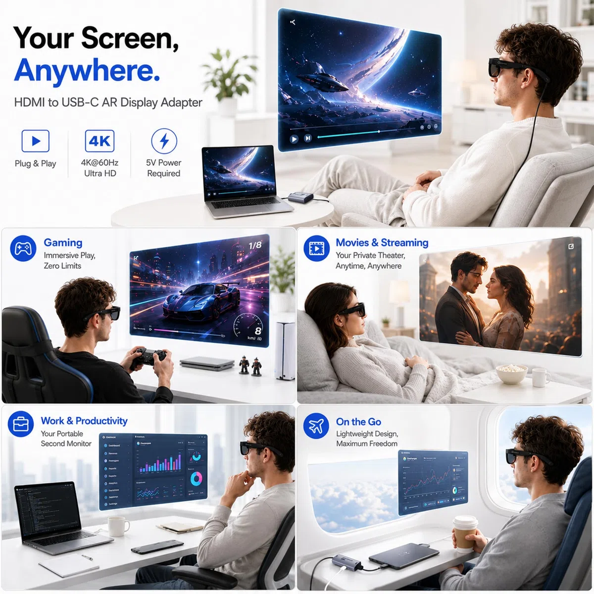 Guermok AR Glasses HDMI to USB-C Display Adapter, 4.9ft 4K@60Hz Play and Charge AR Converter with DC 5V, for XREAL One/Air 2 Pro/RayNeo/Rokid, Switch 2/1, Xbox1, PS4/5, Portable Monitors, Silver