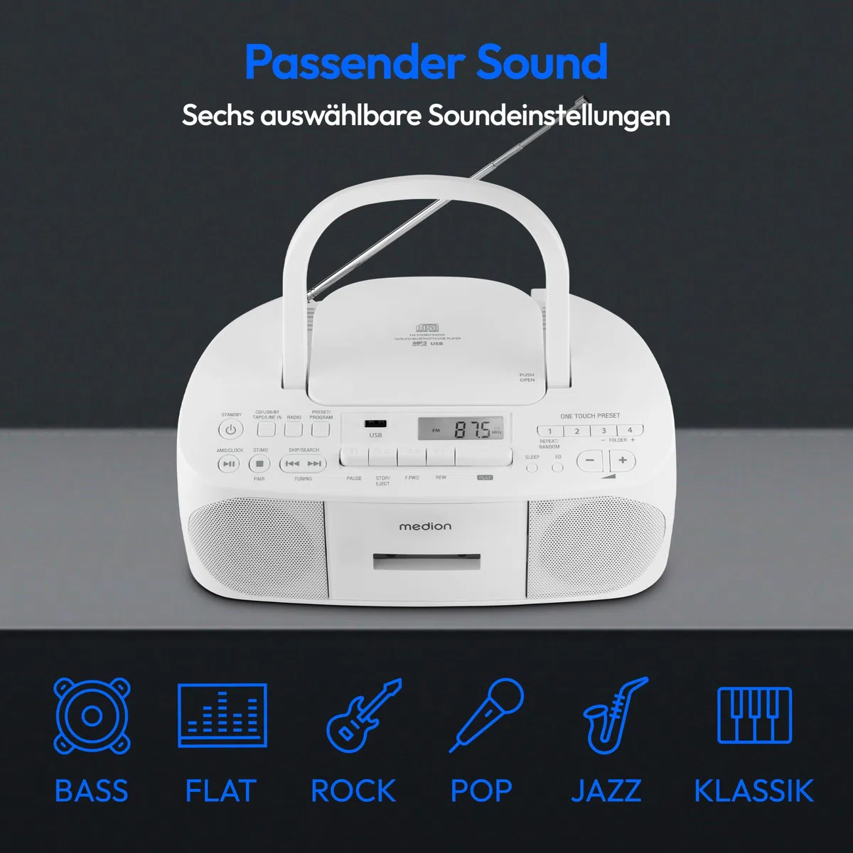 MEDION E65010 Stereoradio (CD-Player, Kassette, USB Anschluss, AUX Audioeingang, MP3-Widergabe. UKW PLL Radio,40 Senderspeicher, Batteriebetrieb, Fernbedienung) weiß