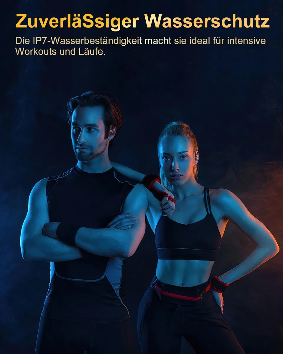 Jesebang Bluetooth Kopfhörer Sport, in Ear Kopfhörer Kabellos Bluetooth 5.4 mit HD Mic, Herausragender Sound, 40 Std Spielzeit, Comfort Fit, Dual LED-Anzeige, IP7 Wasserdicht Ohrhörer mit Ohrhaken