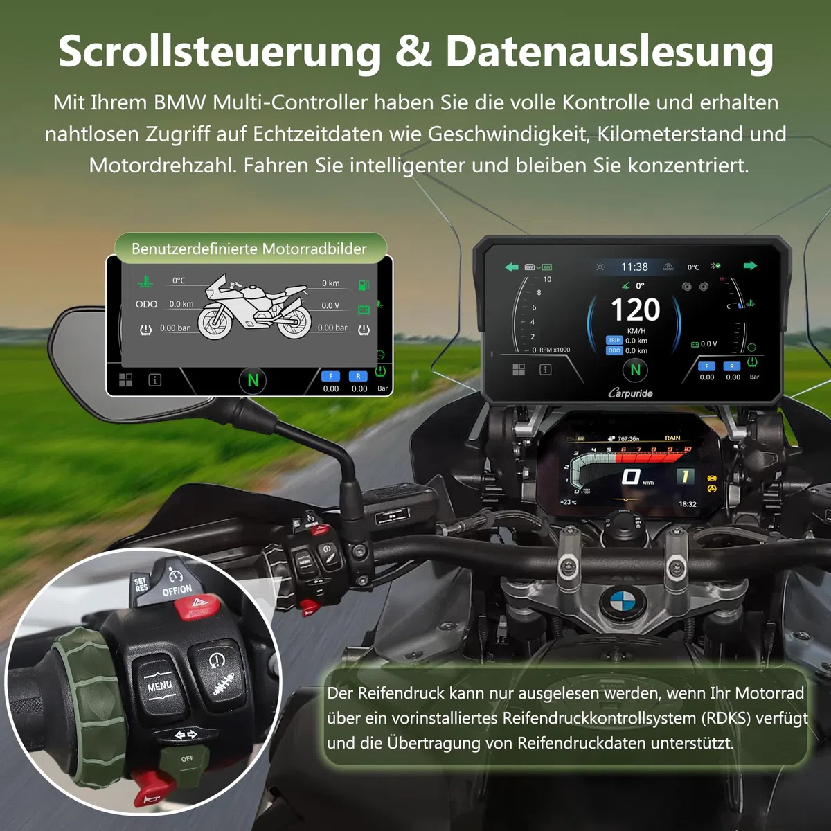 Carpuride W602BS Pro Carplay Bildschirm für BMW Motorrad, Nativ Wonder Wheel Kontrol & Datenauslesung, Kabellos CarPlay & Android Auto, 6,25" Wasserdichter Touchscreen, OTA/Dual Bluetooth/Sprechanlage
