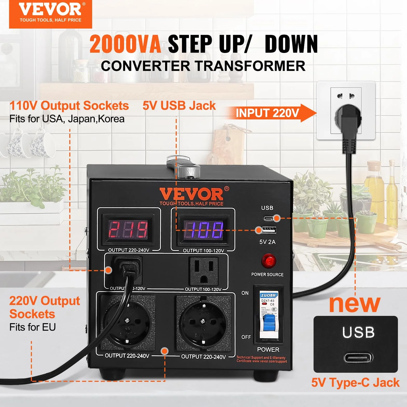 VEVOR 2000W Spannungswandler Transformator AC 110V⇋220V Transformer Wandler 2X US NEMA 5-15R 3-polige/2x standardmäßige europäische Shucko-Ausgangssteckdosen, 1x 5V-USB-Anschluss, 1x Typ-C-Buchse