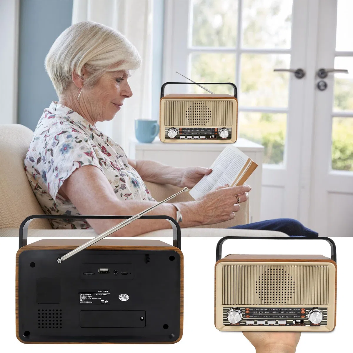 Retro Radio mit Bluetooth, Nostalgie Kofferradio Klein mit AM/FM/SW3, USB/TF/AUX, Wiederaufladbar, Küchenradio, Vintage Radio für Küche, Büro, Outdoor