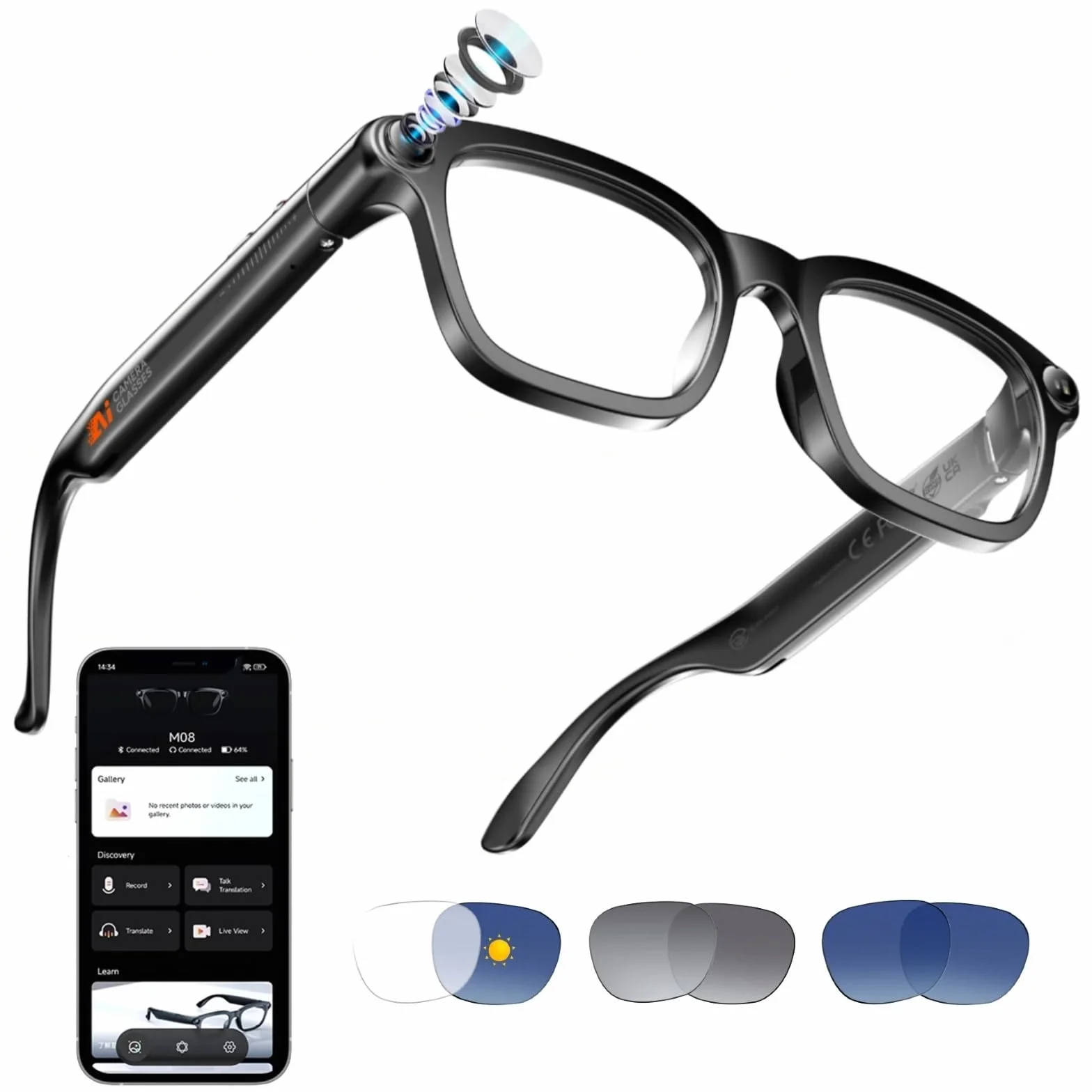 Smart Brille mit Kamera, 8MP HD Kamera, 4K-Videoaufzeichnung, Foto, KI-Assistent, 300 mAh, Open-Ear-Audio, Flexible Bügel, Smart Glasses für Reisen/Camping/Outdoor-Aktivitäten（3 Wechselgläser）